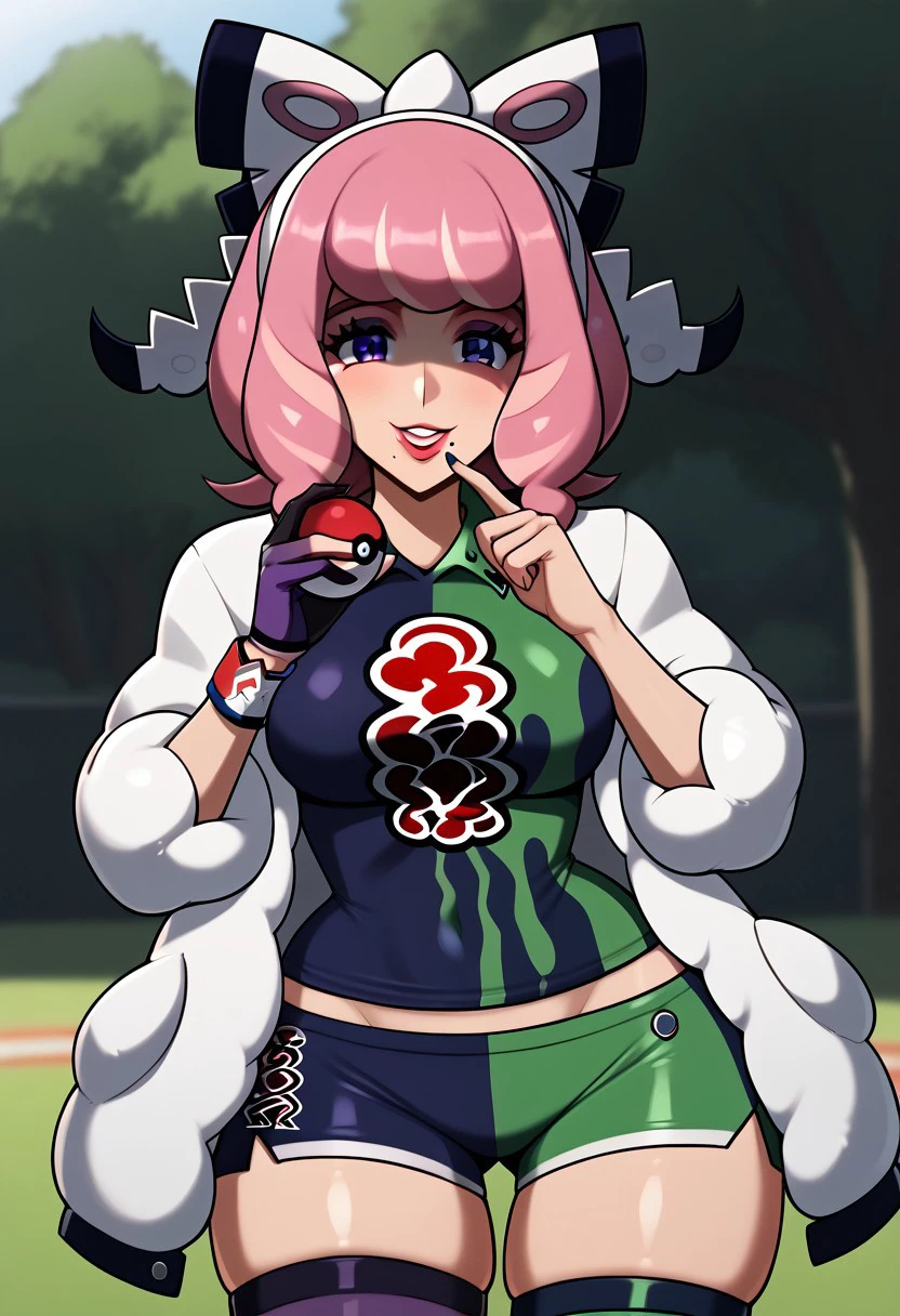 score_9, score_8_up, score_7_up, deep skin, shiny skin, skindentation, source_anime, high quality, highres, (curvy), ((wide hips)),, thick thighs, cute, , sexy, medium breasts, klara_pokemonswsh, pink hair, mole under mouth, purple shirt, purple sport shorts, collared shirt, two-tone shirt, purple stockings, purple eyes, purple eyeshadow, pink lipstick, white coat, printed shirt, hair bow, white headband, smile, outside, holding pokeball