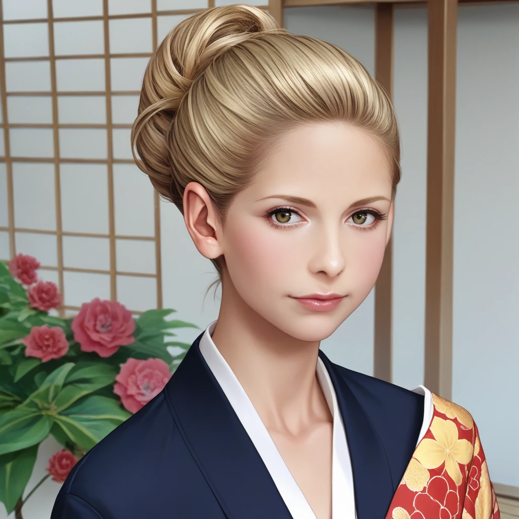 score_9, score_8_up, score_7_up, source_anime, professional photograph of Sarah Woman, portrait, young, wearing a colorful kimono, hair bun, blonde hair, long hair, posing on a japanese garden, looking at the viewer, sunny day, <lora:Sarah Pony 8:1>