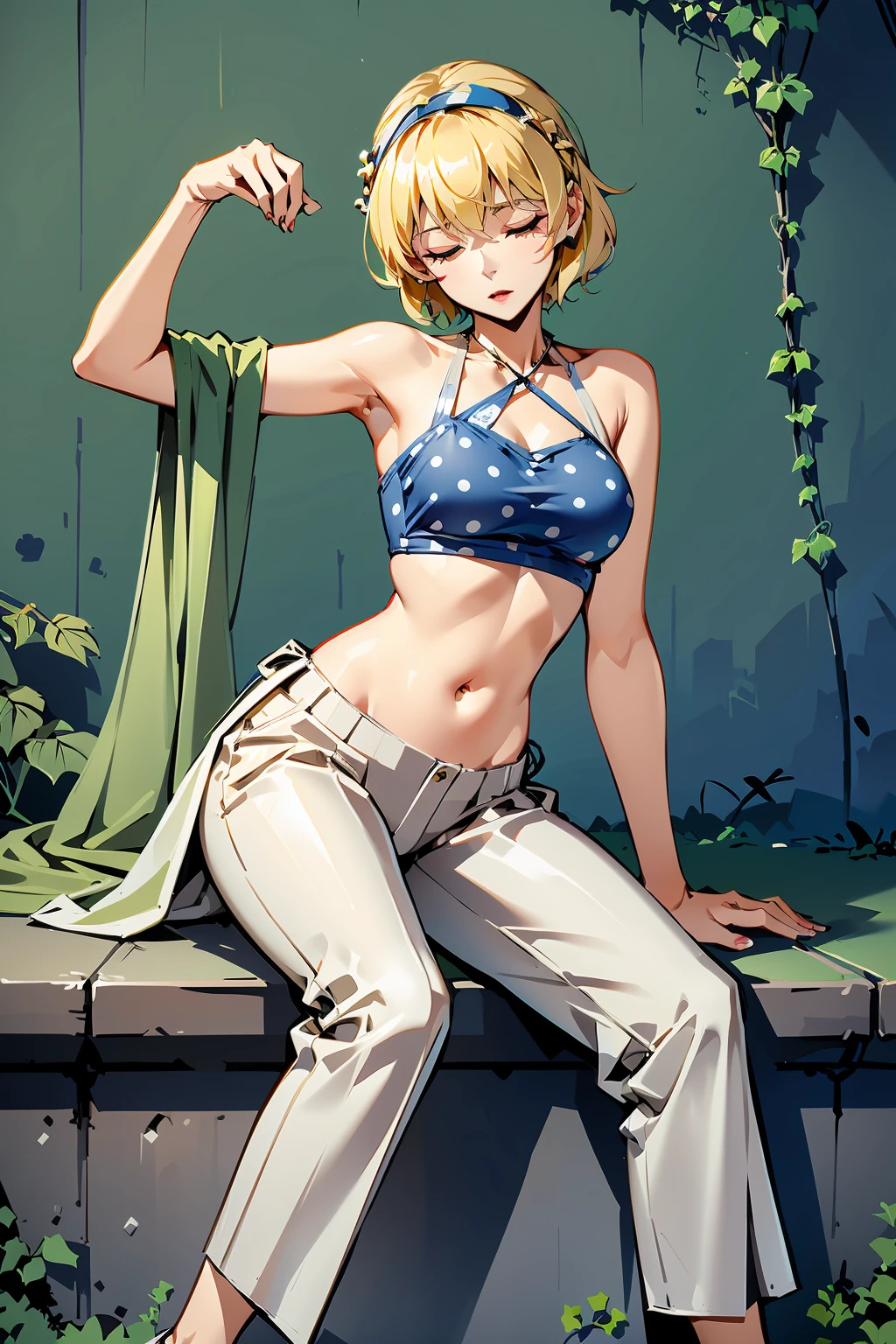 (masterpiece), best quality,  1girl, (Iris)(Tied-front crop top with a square neckline. ), (Platinum Blonde)(Polka dot trousers), (Ancient Ruins Covered in Ivy), <lora:hypnosd15-000009:0.8>, half-closed eyes, leaning to the side, bare legs, arm up, sitting, pants