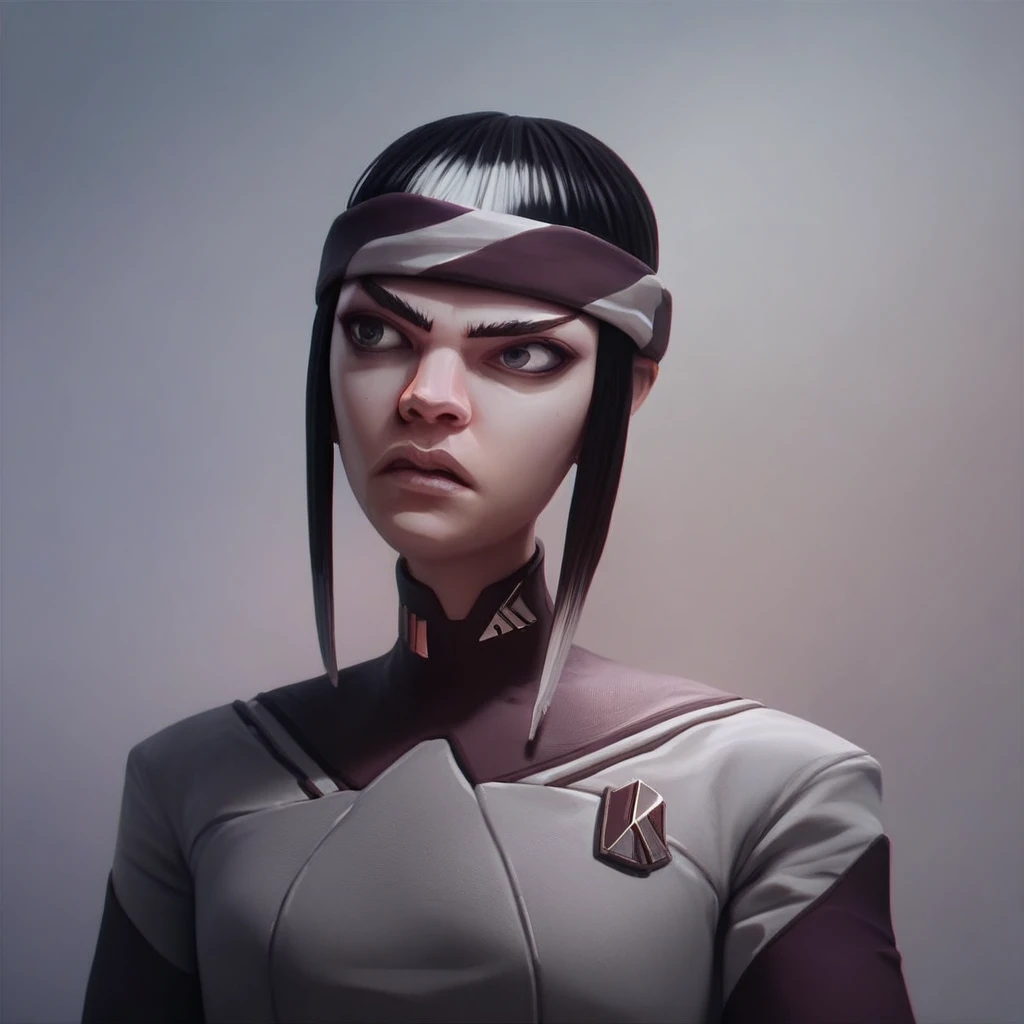 (score_9, score_8_up, score_7_up, score_6_up), maj'el, vulcan, 1girl, solo, black hair, headband, sidelocks, lips, realistic, short hair, upper body, nose, gray shirt, science fiction