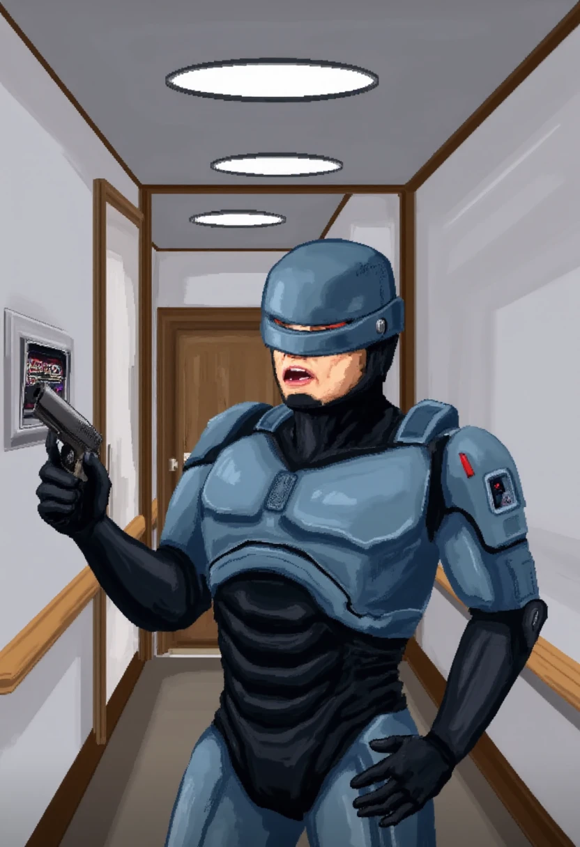 The image is a pixel art rendering of a surreal, digital scene depicting Robocop in what appears to be a modern, institutional hallway. Robocop has with a serious expression, mouth open as if mid-sentence. 
 <lora:Not_So_Fast_Style_F1D:0.8>