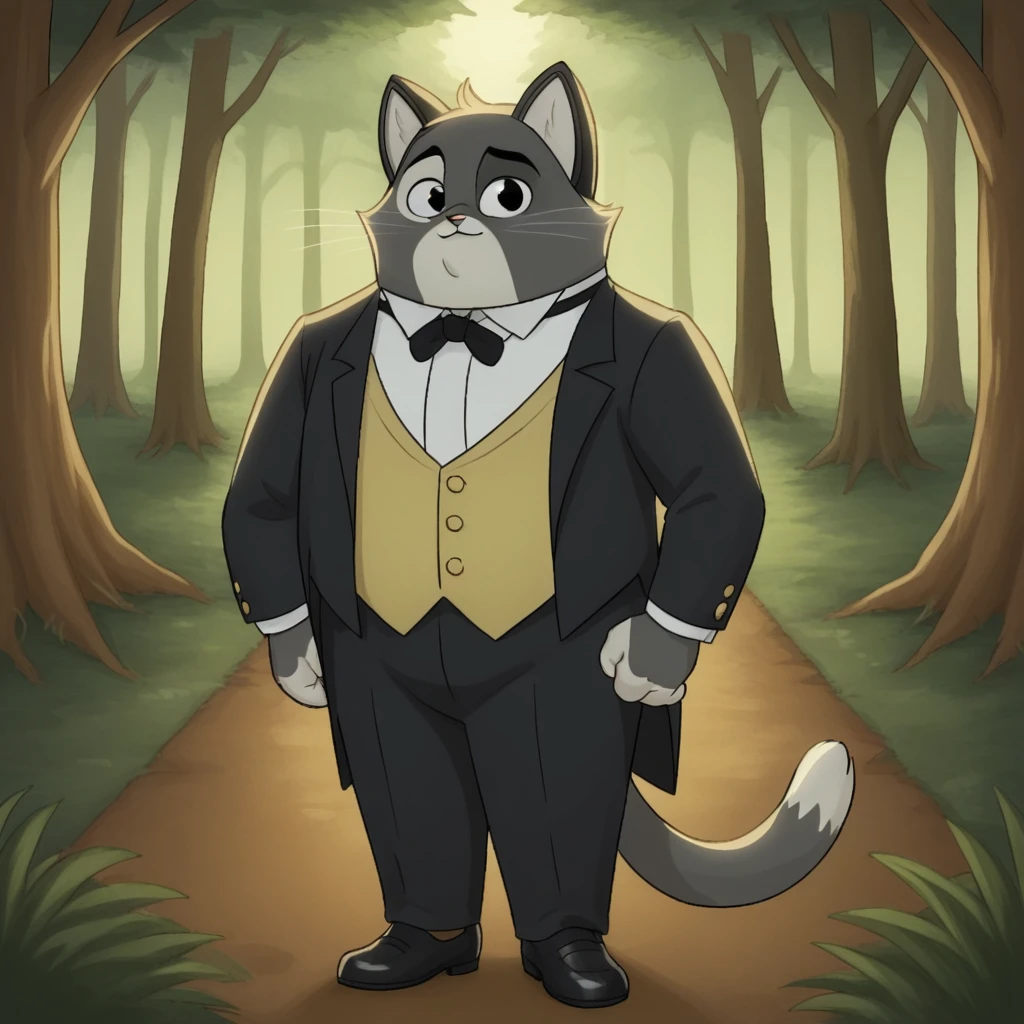 score_9_up, score_8_up, BREAK, HoratioBruno, 1boy, solo, furry, cat ears, black eyes, vest, formal, black suit, black bow, black pants, black footwear,  <lora:HoratioBruno_PXL_Leaf1:0.8>, looking at viewer, forest,