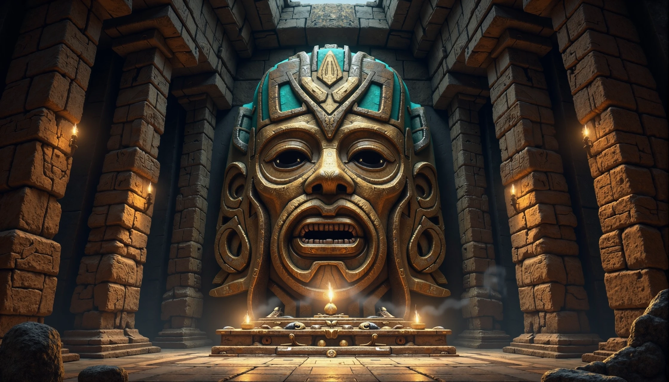 In a sacred chamber deep within an ancient temple, a massive ceremonial Mayan mask hangs on the stone wall. Its intricate design is a fusion of sharp geometric lines and curved organic forms, representing a powerful deity worshipped by the ancient civilization. The mask is adorned with bright turquoise and golden accents, with its eyes hollow, yet exuding an unseen presence. The surrounding chamber walls are covered in glyphs and symbols, recounting the stories of this god’s power and influence over the elements.
Beneath the mask lies an altar, where offerings of jade, obsidian, and other precious materials have been left by long-forgotten worshippers. The air is thick with the smell of incense, and the faint glow of torches flickers across the room, casting shadows that make the mask appear almost alive. Legends say that anyone who dons the mask will inherit the strength and wisdom of the god it represents, but at a great personal cost. The atmosphere is heavy with ancient energy, as the mask seems to watch over all who enter, waiting for the next worthy soul to awaken its power.
