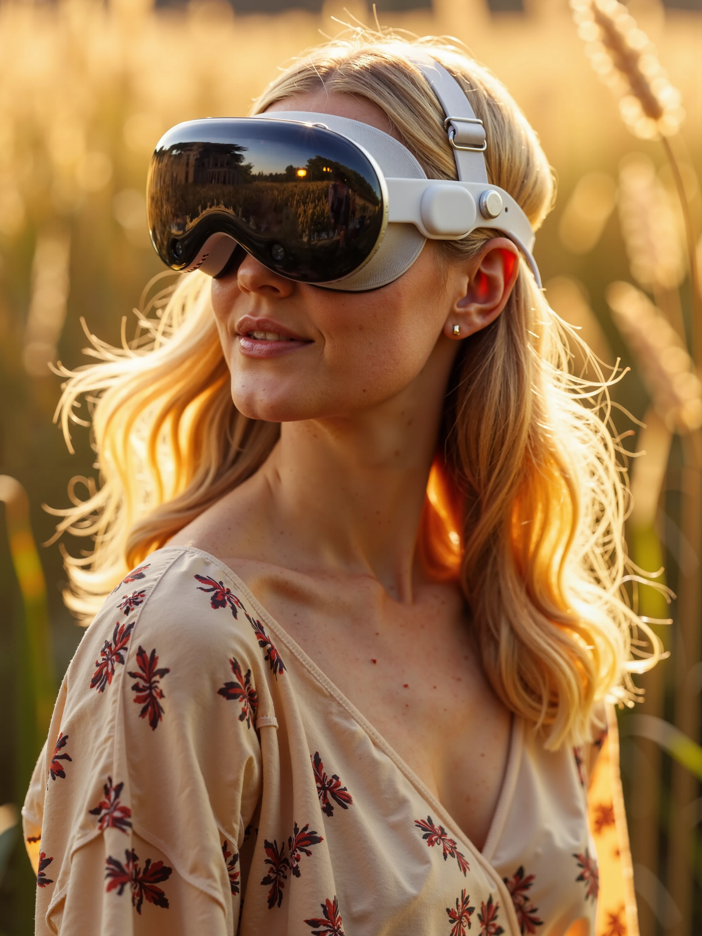 golden-hour portrait of a woman standing amidst tall, gently swaying grass, her expression soft and contemplative as she wears the sleek Apple Vision Pro headset. The large, curved black reflective lens of the glasses covers her eyes, adding a futuristic touch to the otherwise natural and dreamy setting. The white frame and mesh-textured strap contrast with her flowing, sun-kissed blonde hair, which catches the warm light of the setting sun.

She wears a loose, floral-patterned bohemian blouse, the delicate fabric softly draping over her frame, adding a touch of earthy, feminine elegance to her look. The sunlight filters through the strands of grass, casting gentle, golden highlights across her skin and hair, enhancing the natural glow of the scene. The reflection on the glossy black surface of the Apple Vision Pro captures subtle hints of the golden light, adding depth and contrast to the image.

Her expression is peaceful and calm, with a hint of mystery as her eyes are obscured by the sleek visor, blending the intimate beauty of nature with the futuristic technology she wears. The soft breeze tousles her hair, creating a sense of movement and tranquility in the otherwise still moment.

The lighting is warm and soft, typical of a late afternoon sun, casting long shadows and infusing the entire scene with a dreamy, ethereal glow. The tall grass in the foreground blurs slightly, framing her face and creating a natural, intimate setting that contrasts with the sleek, high-tech design of the headset.

The camera is positioned at eye level, capturing her from the waist up, with a shallow depth of field that keeps her and the reflective Apple Vision Pro headset in sharp focus while the background fades into a soft, sunlit blur. The overall composition feels balanced between the natural beauty of the golden hour and the futuristic edge introduced by the glasses.

The mood is calm and reflective, blending the warmth and softness of nature with the sleek, modern aesthetic of advanced technology. The juxtaposition of her organic surroundings and the Apple Vision Pro headset creates a sense of timelessness, suggesting a future where technology and nature coexist in harmony