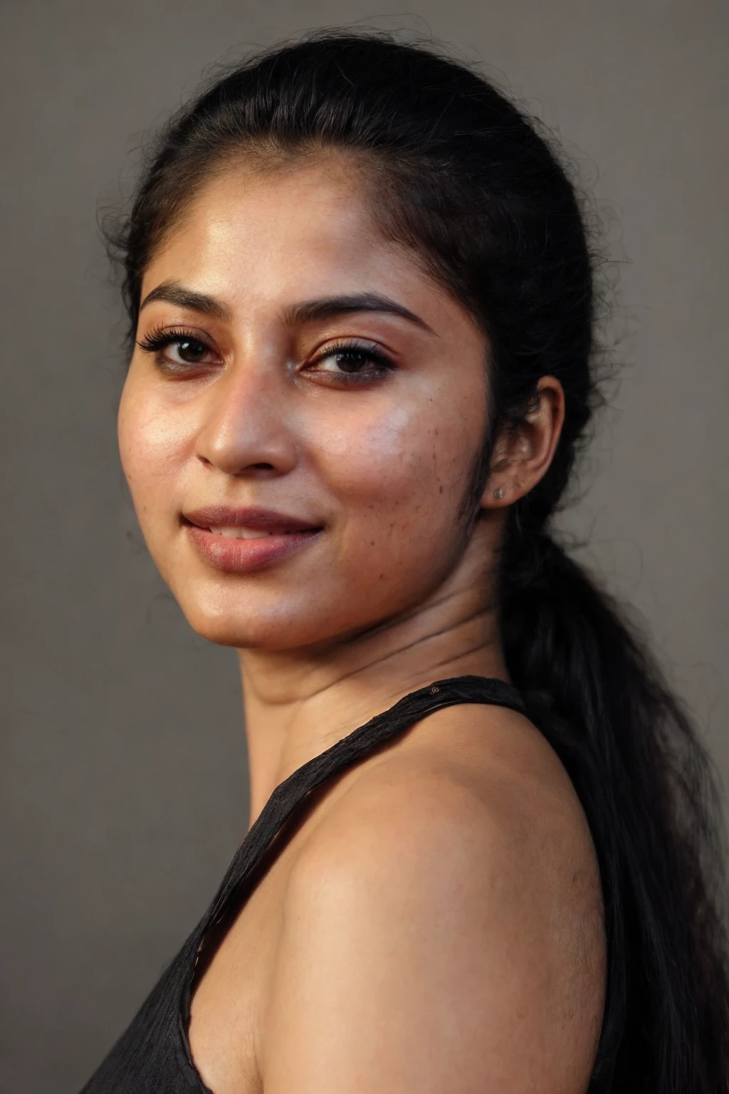 ((Photorealistic erotic portrait photograph of a tan Indian woman with huge round facing the camera, expression of lust))((big lips, naughty expression))(((photorealistic, dark lighting, gym background, HD))