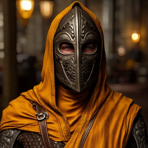 reddish-brown, evoking a medieval, ornate armor with a hooded helmet covering their face, glowing, suggesting he is a warrior., light brown hair styled in a neat, filled with a deep, a yellow cloak