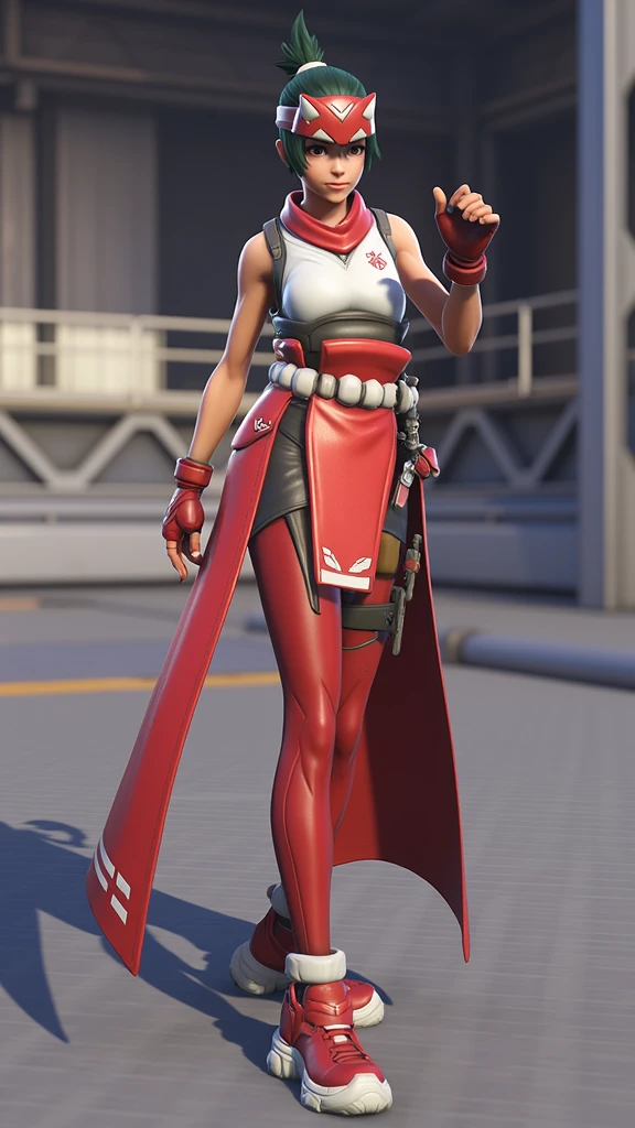 Kiriko a young girl character in the Overwatch video game series is depicted. She stands confidently in a dynamic pose with her right leg slightly forward and her left arm bent at the elbow fingers splayed as if she's about to make a gesture. She wears a vibrant red outfit with white and black accents. Her hair is styled in a short bob and adorned with a red and white headband. Her outfit includes a white sleeveless top with a high collar and a red scarf tied around her neck. A long flowing red cape drapes over her shoulders and down her back adding a sense of movement and dynamism to her appearance. She also wears red fingerless gloves, pants with a sleek, fitted design and high red boots with white accents. The background features an industrial setting with metallic structures and pipes suggesting a futuristic or sci-fi environment. The ground appears to be a metallic surface with a grid pattern. The overall color palette is dominated by shades of red white and black complemented by the cool tones of the metallic structures in the background. The image has a high level of detail and vibrancy typical of high-quality digital art, <lora:kiriko-overwatch-2-v3:1>