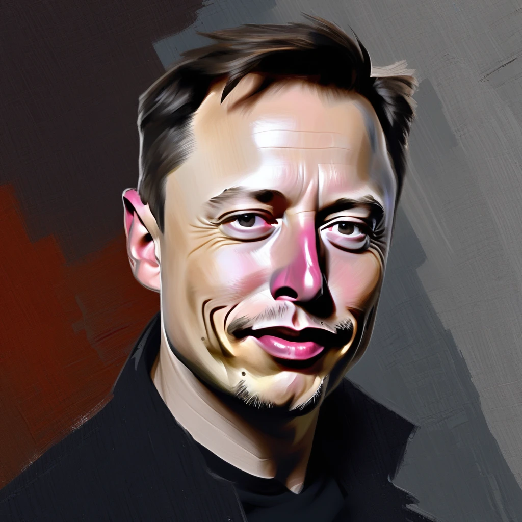 Abstract painted portrait of Elon Musk. Harsh brushstrokes, abstract background,