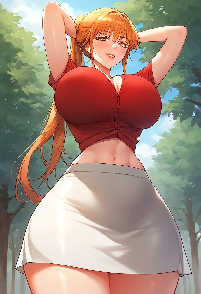 score_9, score_8_up, score_7_up, ASCII masterpiece, source_anime, BREAK, 1girl, solo, (( <lora:ahn_ha-ru:1> , ahn_ha-ru, thin waist, wide hips, beautiful skin, beautiful amber eyes, clear eyes, bright pupils, beautiful eyes, beautiful amber hair, ponytail, bangs, huge and shaggy breasts, natural beauty, extraordinary beautiful woman, attractive woman, super sexy woman, lustful body, sexy woman with seductive obscene body, sensual body, voluptuous body, sexy beauty, no piercings, no piercing, )), ((sexy short sleeves red top, obscene cleavage, huge cleavage,, midriff, white skirt, )) , looking at viewer, uncensored, sexy pose, beautiful smile, outdoor, park, looking at viewer, horny, seductive, hands behind head, slav squat, from below, cowboy shot, front view, closing up, huge cleavage,