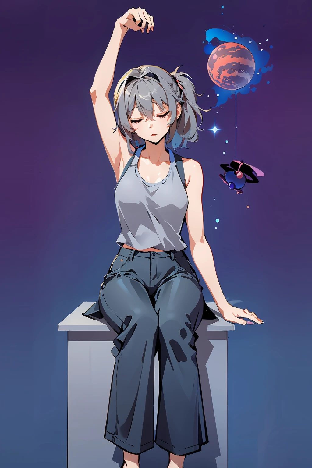 (masterpiece), best quality,  1girl, (Slate gray)(High-neck sleeveless tank top with a flowy silhouette. ), (Medium green)(High-waisted trousers), (Cosmic Galaxy with Nebulae and Planets), <lora:hypnosd15-000009:0.8>, half-closed eyes, leaning to the side, bare legs, arm up, sitting, pants