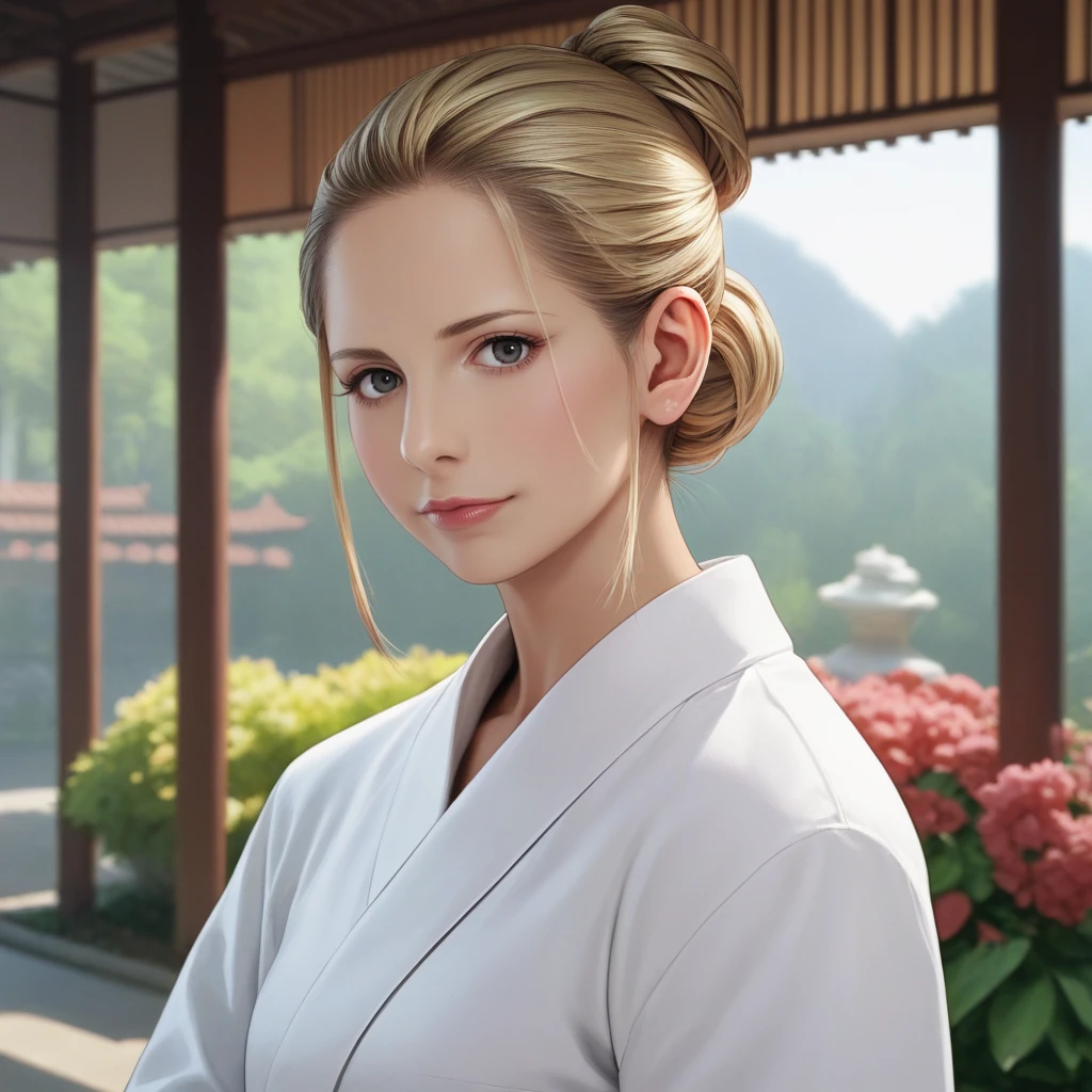 score_9, score_8_up, score_7_up, source_anime, professional photograph of Sarah Woman, portrait, young, wearing a colorful kimono, hair bun, blonde hair, long hair, posing on a japanese garden, looking at the viewer, sunny day, <lora:Sarah Pony 8:1>