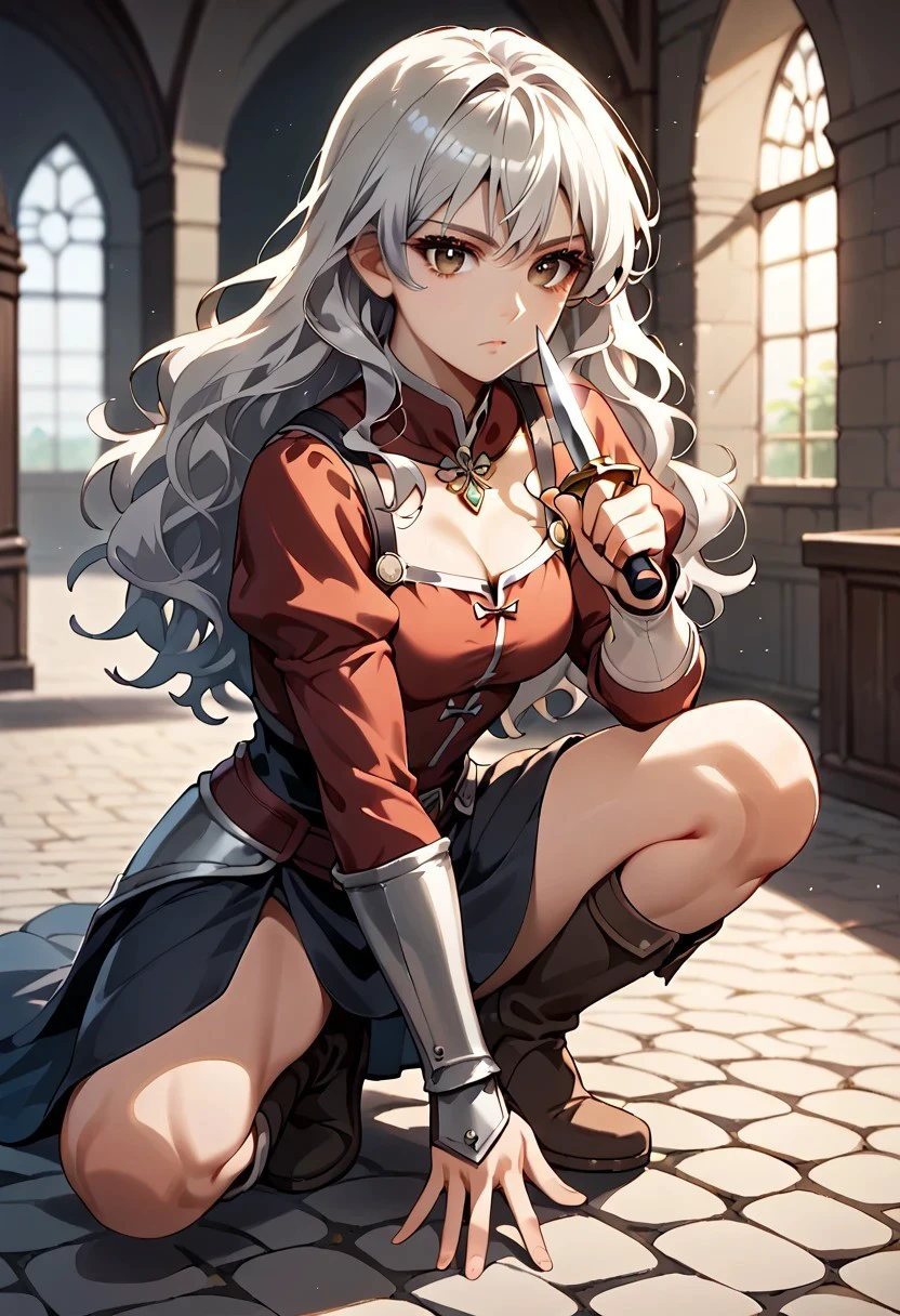 Sabrina, 1girl, solo, 31yo,  silver hair, wavy hair, long hair, bangs, brown eyes, slant eyes,   light particles, lens-flare, cinematic lighting, depth of field,   (sharp edge),   (muscle:0.5)
skirt, medieval outfits, crouching meadow, holding dagger, ,  standing on own 1knee, boots, pony tail, ribbon, 
high gradient eyes, high gradient eyes, eyesHD, jewelry eyes, eyelashes
score_9, score_8_up, score_7_up, perfect hand, 