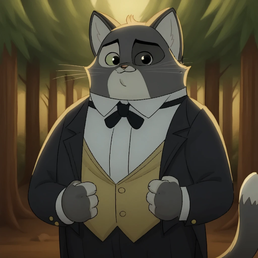 score_9_up, score_8_up, BREAK, HoratioBruno, 1boy, solo, furry, cat ears, black eyes, vest, formal, black suit, black bowtie, cowboy shot,  <lora:HoratioBruno_PXL_Leaf1:1>, looking at viewer, forest,