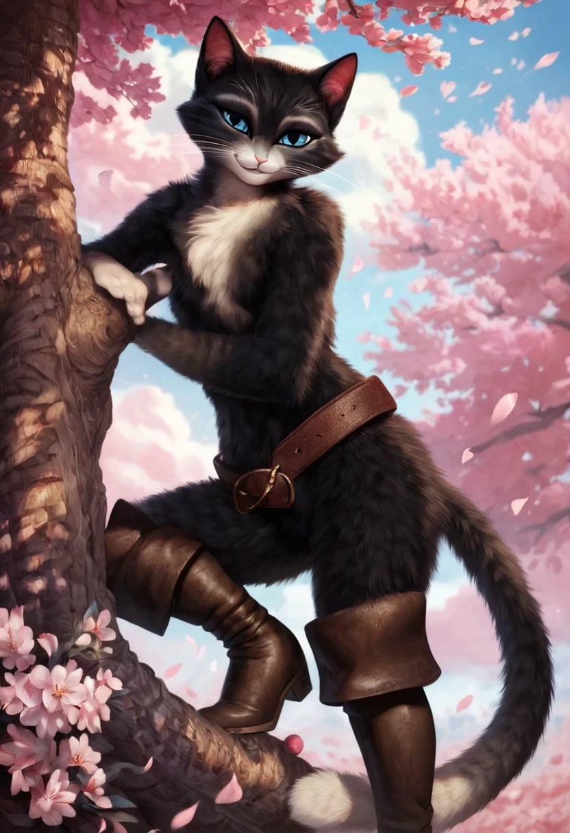 score_9, score_8_up, score_7_up, score_6_up, best quality, absurdres, highly detailed, intricate details, extremely detailed, detailed fur, detailed background, Kitty Softpaws, Furry, anthro, cat, female, solo, blue eyes, body fur, black and white fur, whiskers, tail, body fur, fluffy, belt, boots, looking at viewer, half closed eyes, smile, under the tree, cherry blossom,