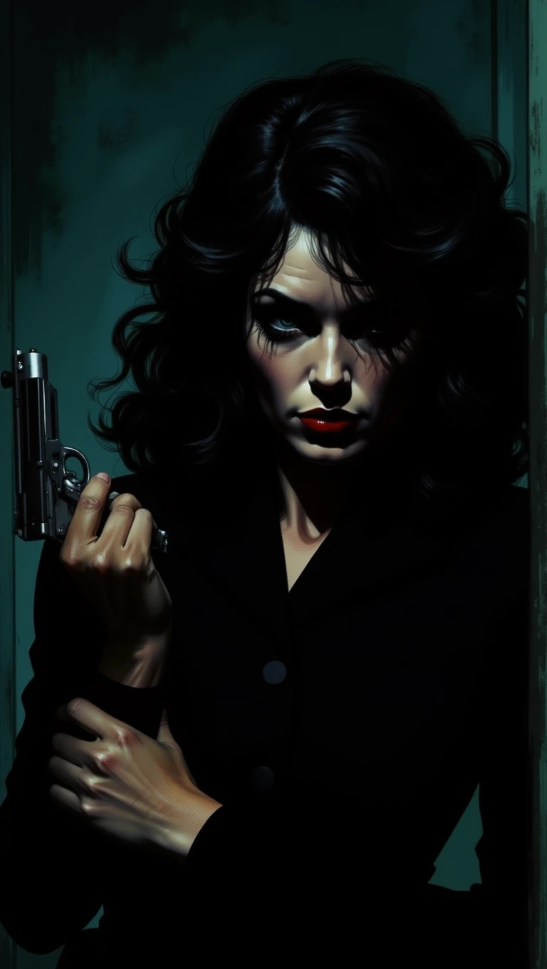 A mysterious woman with dark, wavy hair and piercing eyes stands in the shadows of a dimly lit room. Sheâs holding a small revolver with a delicate yet firm grip. Her red lipstick is the only color that stands out in the darkness, her intentions unclear but dangerous.
<lora:Adventure_Comic_Book:0.8>