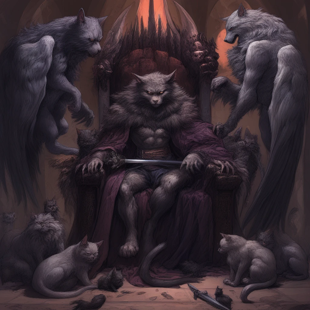 sitting, throne, wings, multiple wings, werewolf, no humans, greaves, cat, robe, sword