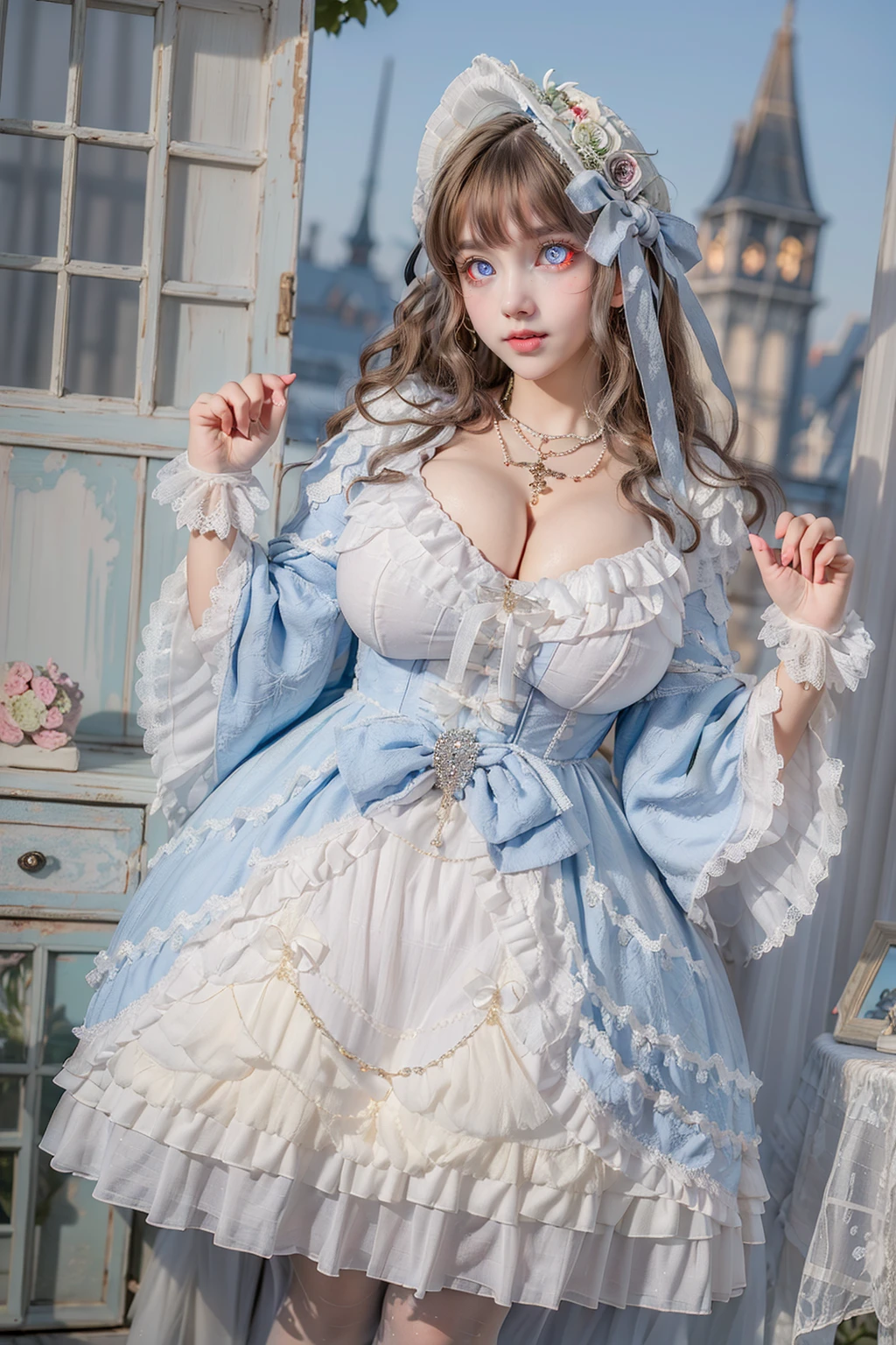 (masterpiece, best quality:1.2),illustration,8k,hd,1 girl,whdbd,white dress,jewelry,necklace,bonnet,long sleeves,bow,lace trim,lace,frills,pantyhose,((cleavage)),big breasts,(night, outdoors:1.3),(glowing  eyes:1.3),