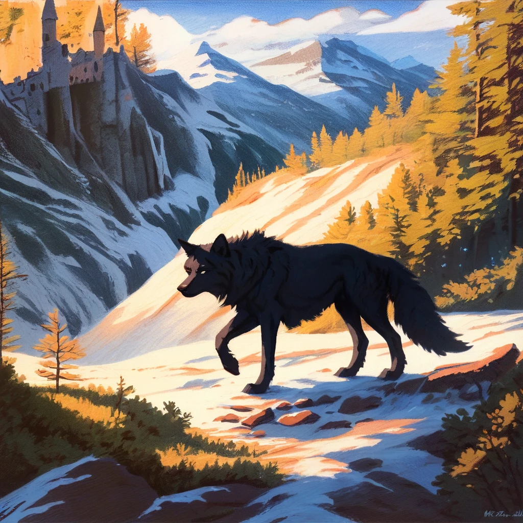 score_9, score_8_up, score_7_up, <lora:KittelsenStyleBeta1122:1>, kittelsen style, traditional media, 1 animal, solo, wolf, black fur, outdoors, forest, stream, mountains, castle in the distance