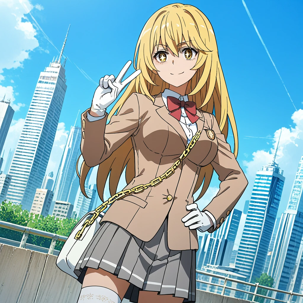 cityscape,standing,cowboy_shot,smile,(peace_sign:1.2),hand_on_own_hip,
slender, 1girl, dutch_angle, dynamic lighting,detailed_background,
<lora:add-detail-xl:1.5>
<lora:Toaru_Misaki_v90:1> shokuhou_misaki, long_hair,blonde_hair,sparkling_eyes,brown_eyes, medium_breasts, tokiwadai_school_uniform, long_sleeves, blazer, elbow_gloves,grey_skirt, white_thighhighs,  brown_jacket, (white_bag:1.2),(between_breasts:1.2), chain,