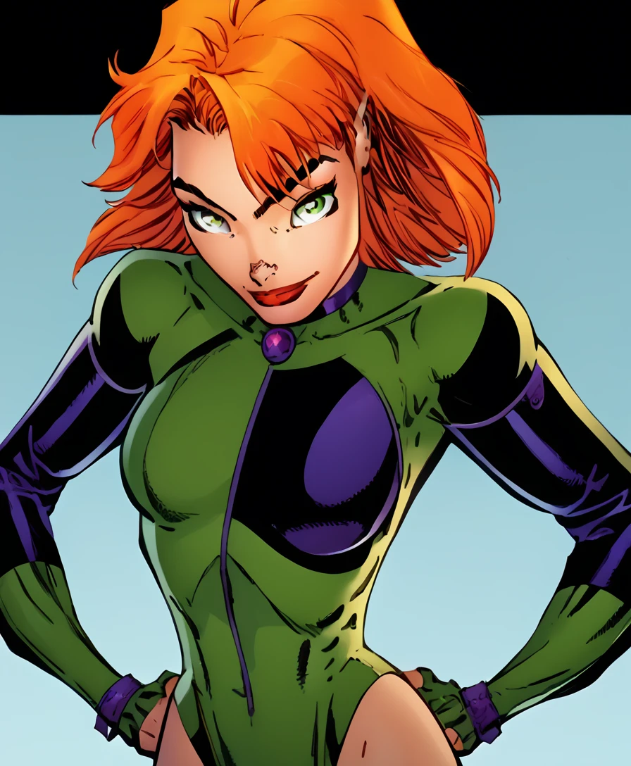 score_9, score_8_up, score_7_up, 1 girl, Caitlin, orange hair, short hair, bangs, greens eyes, red lips, lips parted, smile, facing viewer, looking off to the side, purple choker, green leotard with purple trim, medium breasts, standing, hands on hips, fingerless gloves, bottom up view, hair blowing in the wind, hero's pose waist up, in the style of J Scott Campbell