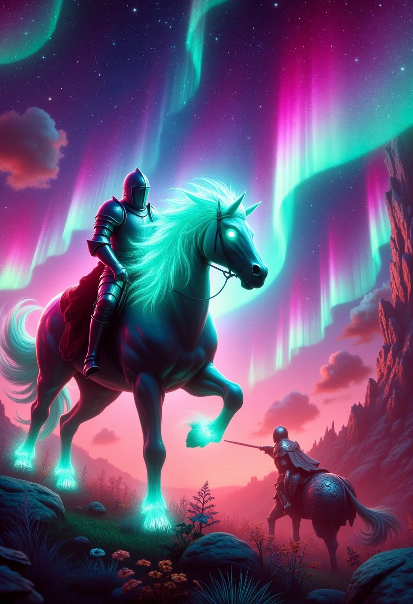 EnchantedAurora, a knight rides atop a glowing unicorn through a battlefield, the clash of metal and magic swirling around them as they charge toward a towering creature, all under the brilliant colors of the aurora.