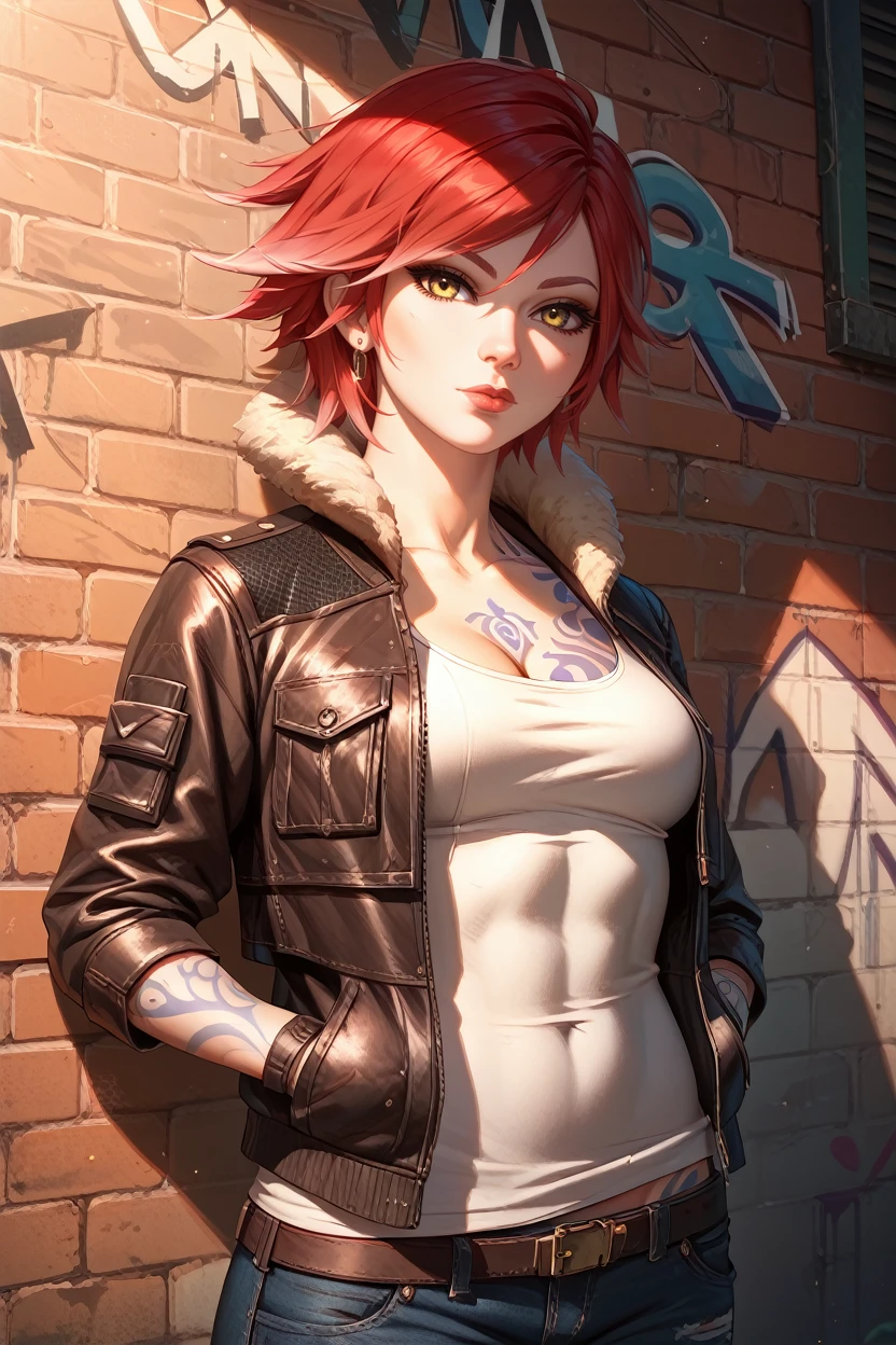 score_9, score_8_up, score_7_up, score_6_up
<lora:BLLilith:0.8>
BLLilith, 1girl, red hair, short hair, yellow eyes, tattoo, looking at viewer, leaning against a brick wall, hands in jacket pockets, urban alleyway with graffiti art, moody lighting with shadows, edgy and modern vibe