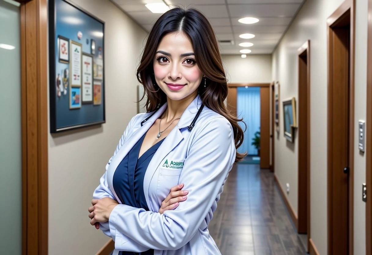 Hispanic, d cup, 37 year old Hispanic woman, d cup breasts, doctor lab coat over stylish dress, black heels, full body visible, looking at viewer with a slight smile, dark brown eyes, arms folded, standing in a upscale doctor's office, pretty