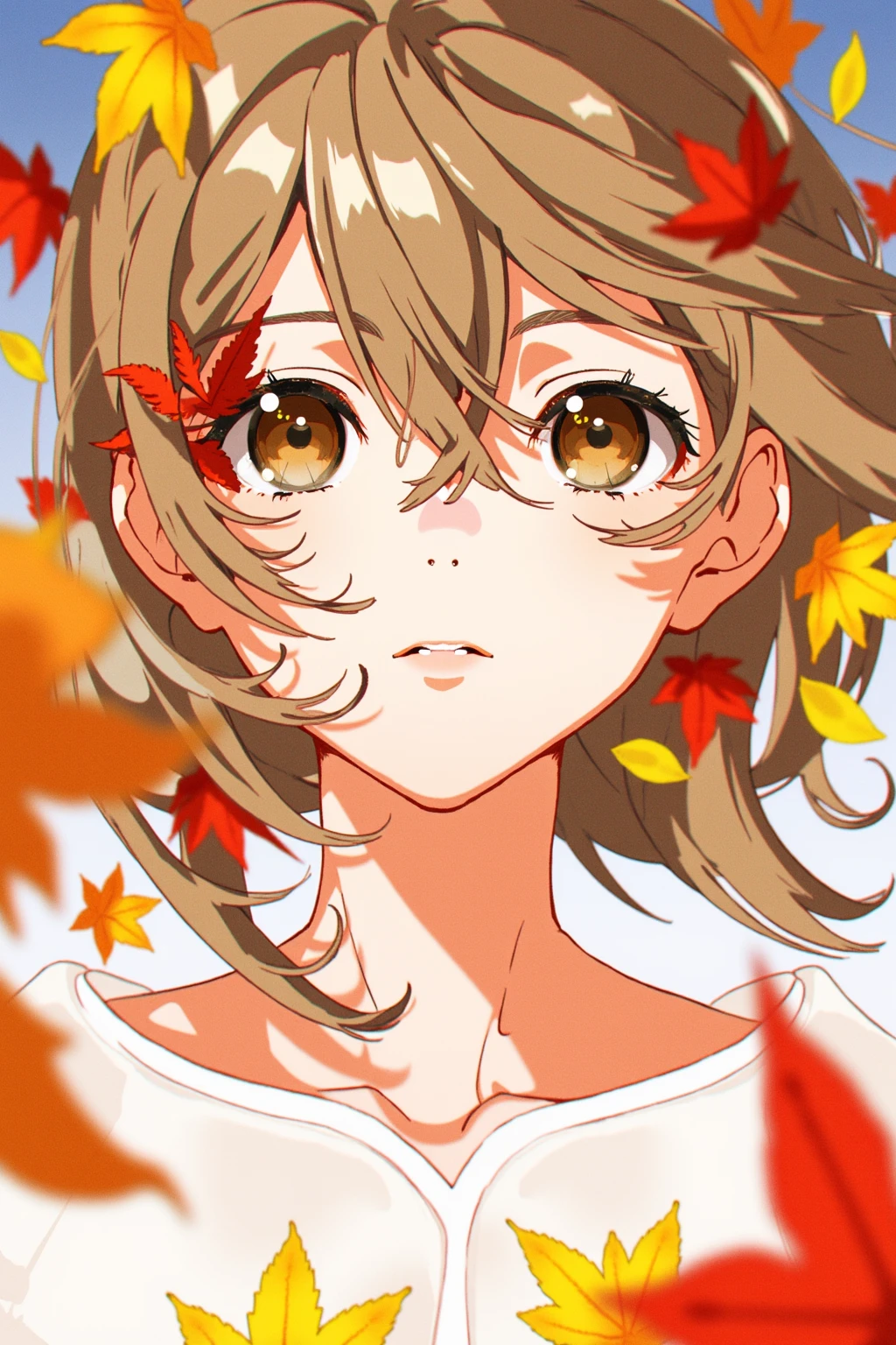 the drawing is in the style of goutuhuashi,a digital illustration in an anime style,featuring a close-up of a young woman's face,she has fair skin and large,expressive brown eyes that are the focal point of the image,her hair is voluminous and wavy,with a mix of blonde and brown tones,cascading around her face in a chaotic manner,the leaves are in various shades of red,orange,and yellow,adding a vibrant and dynamic element to the scene,the background is a soft,gradient blue,which contrasts with the vivid colors of the leaves,creating a sense of depth and movement,the woman's expression is one of serenity and introspection,with her lips slightly parted and her eyes looking directly at the viewer,the illustration is highly detailed,with smooth lines and soft shading that accentuate the texture of her hair and the softness of her skin,the overall mood is dreamy and ethereal,evoking a feeling of autumnal beauty,