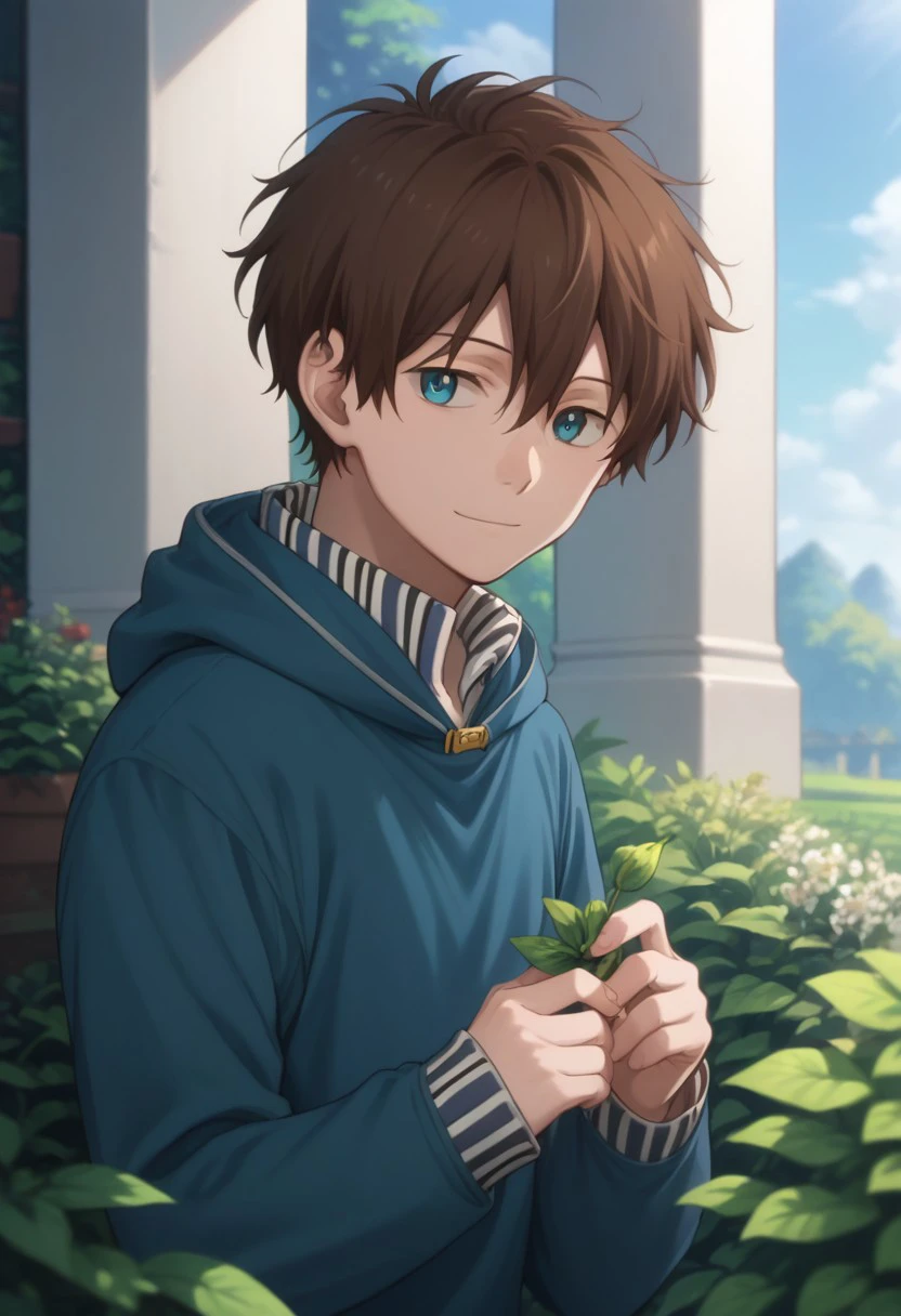 score_9, score_8_up, score_7_up, source_anime, highly detailed, 
ryuu, 1boy, solo, male focus, brown hair, blue eyes, long sleeves, hood, hoodie, blue hoodie, upper body, light smile,
outdoor, garden, sky, cloud,