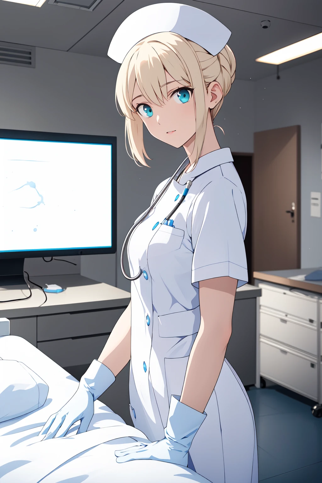 (RAW photo, best quality), wide angle photo, masterpiece, 1girl,  natural lighting
hospital, operating room, surgical gloves, 
(((White))) nurse uniform smooth, nurse, nurse hat, stethoscope  <lora:NurseUniform0_1:0.8>,
 <lora:saber_atoria_v1_2-000006:1>, artoria,