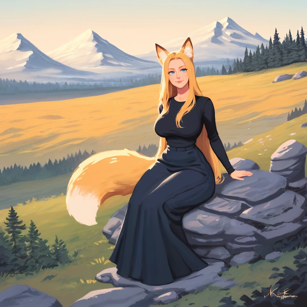 score_9, score_8_up, score_7_up, <lora:KittelsenStyleBeta1122:1>, kittelsen style, traditional media, 1girl, solo, long hair, blonde hair, fox ears, blue eyes, closed mouth, smile, black shirt, long sleeves, black skirt, long skirt, large breasts, wide hips, fox tail, sitting on a rock, BREAK, outdoors, forest, mountains, castle in the distance