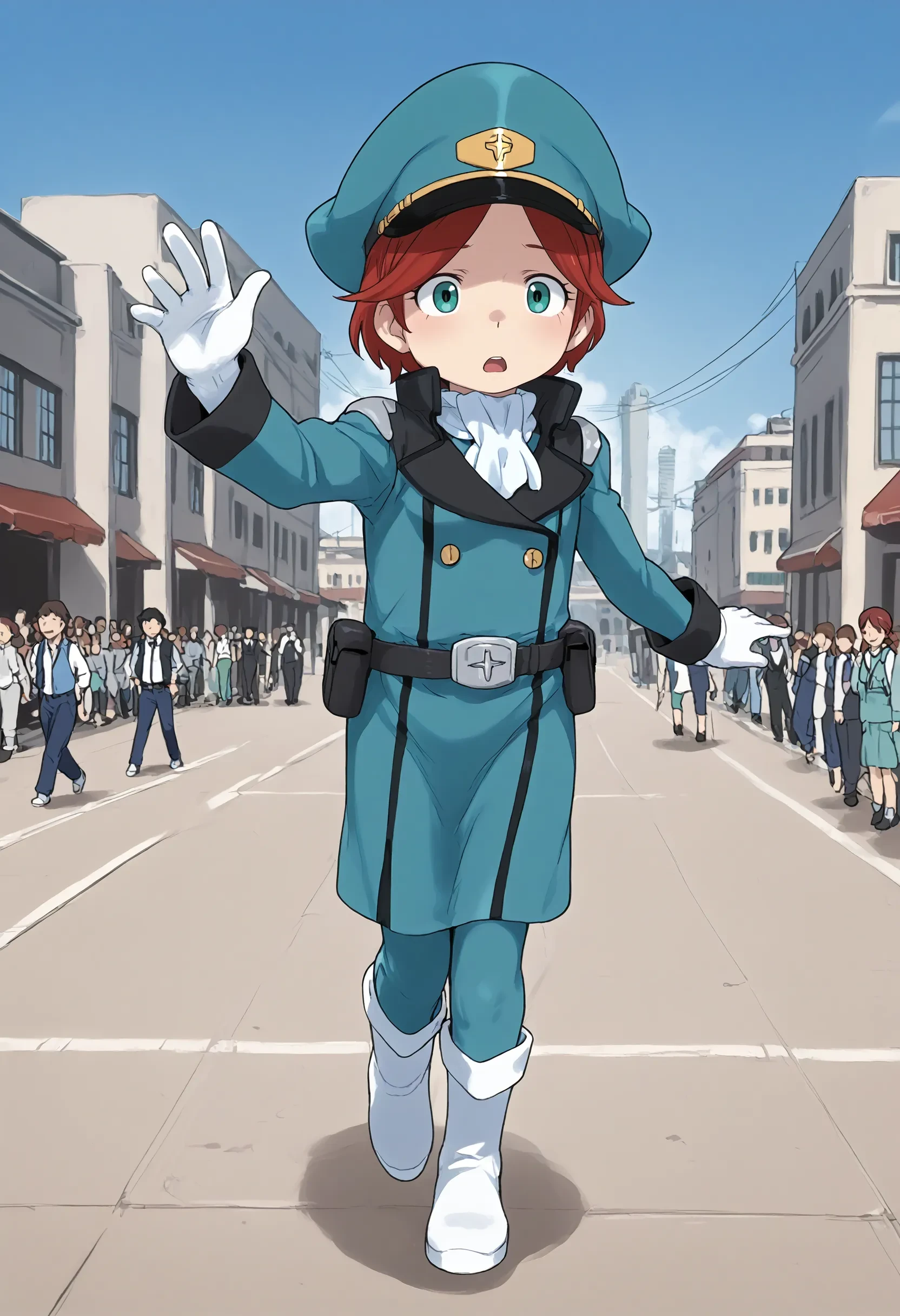 <lora:Hyper-SDXL-8steps-lora:1> <lora:Fixhands_anime_bdsqlsz_V1:1> zPDXL2, score_9, score_8_up, score_7_up, source_anime, intricate details, perfect anatomy BREAK
outdoors, city, tokyo, japan, audience, crowd, levitation, floating, motion blur , sky, in the air, Surprised, Wide-open eyes, a raised brow, and an open mouth., 1girl, solo, solo focus,
<lora:GAGE-natora_einus_XL(pony)v10:1> GAGE-natora, red hair, short hair, green eyes, green dress, white ascot, white gloves, belt, green pencil skirt, green pants, white boots, green peaked cap,