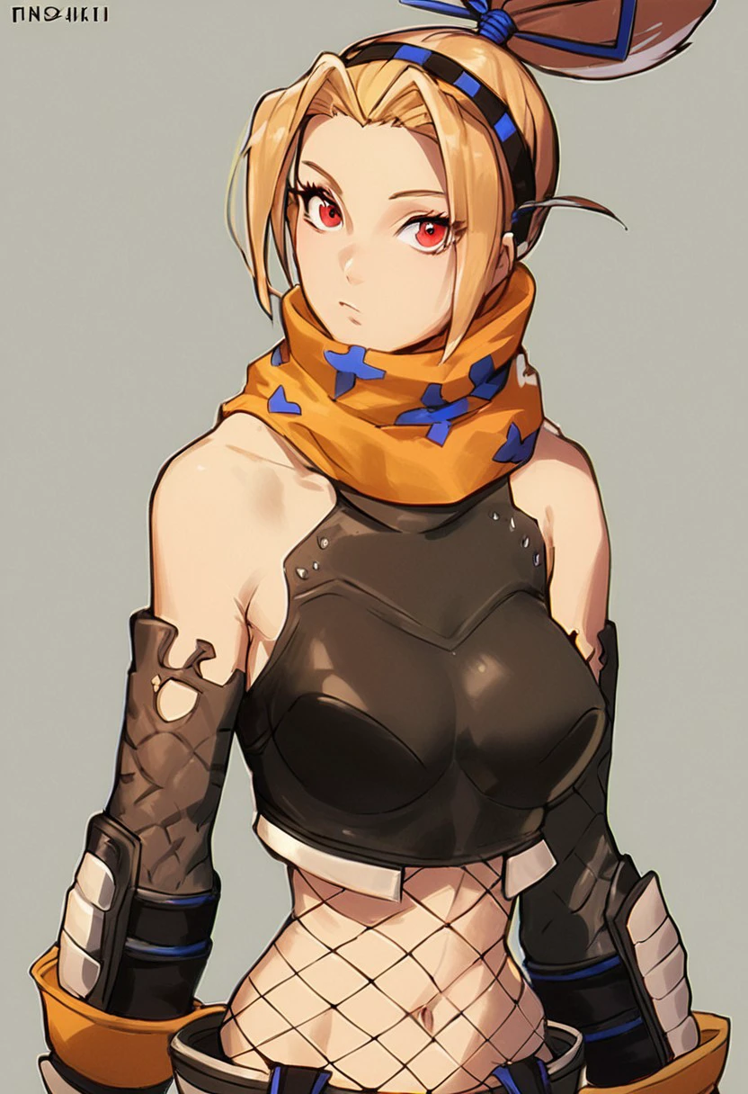 score_9, score_8_up, score_7_up, score_6_up, score_5_up, score_4_up, detailed face, girl, female, ((sexy)), (sexy body),tia, 1girl, solo, blonde hair, scarf, ninja, breasts, fishnets, looking at viewer, ribbon, blue ribbon, hair ribbon, red eyes, medium breasts, bare shoulders, armor, ponytail, navel, midriff