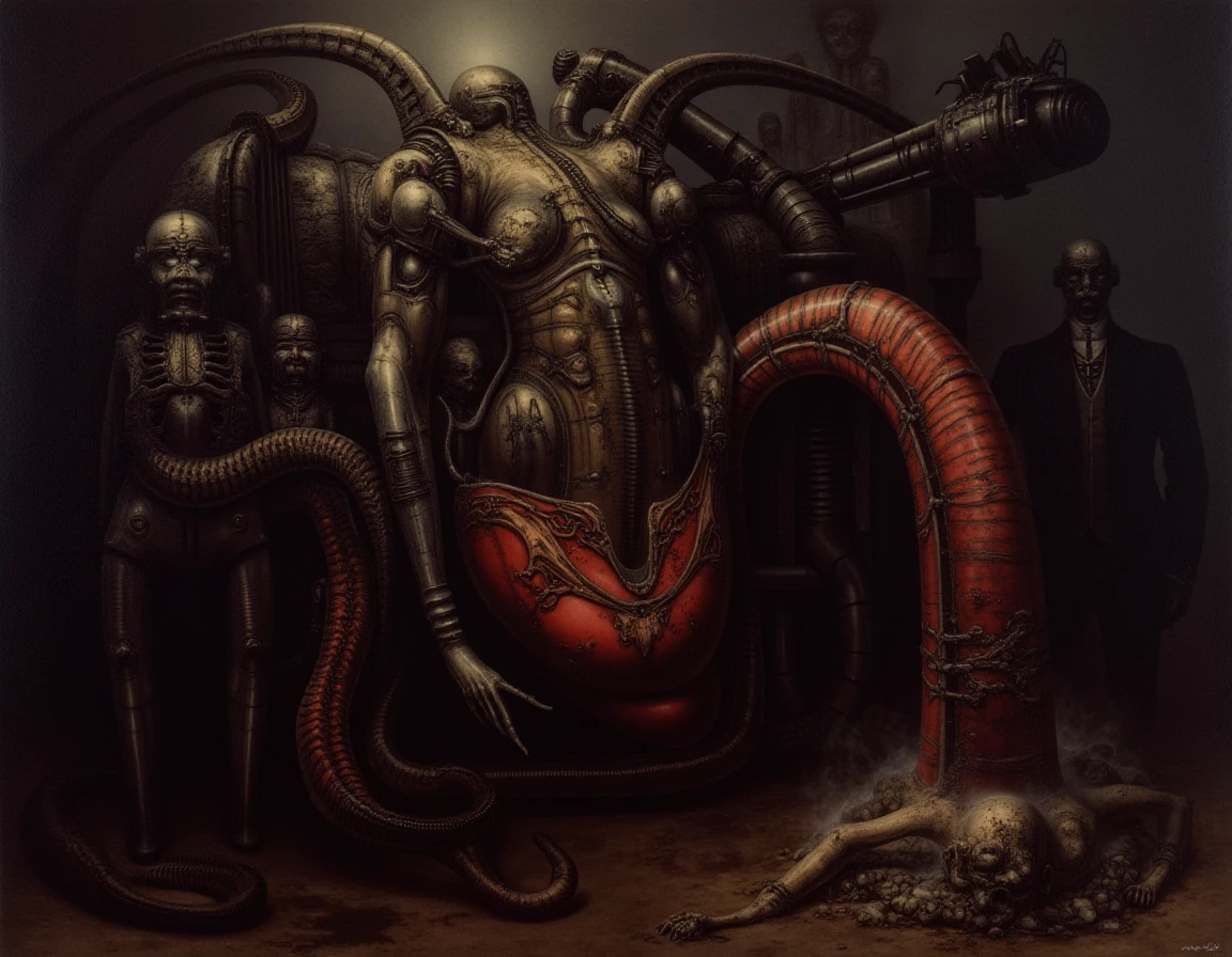 In a dimly-lit, surreal landscape that feels both futuristic and nightmarish, an intricate painting emerges, densely layered with biomechanical elements reminiscent of H.R. Giger’s distinctive style. Central to the composition is a colossal industrial machine, its metallic surfaces glistening in shades of oily black and deep crimson, exuding a foreboding aura. The primary focus of this monstrous apparatus is a grotesquely elongated phallic pipe, its surface textured like skin, seamlessly integrating organic curves with mechanical precision.

This pipe, pulsating like a heartbeat, thrusts into an unsettlingly inviting opening shaped like voluptuous feminine hips, adorned with intricately detailed patterns that evoke a sense of both allure and terror. The scene embodies a perverse mockery of intimacy, emphasizing the juxtaposition between the cold, unyielding metal and the sensual curves of flesh. Tendrils of steam and smoke swirl around the machine, creating an atmosphere thick with tension and a faint, acrid smell that lingers like a shadow of decay.

In the background, shadowy figures of distorted silhouettes loom, their presence heightened by the eerie glow of the machine’s blinking lights, casting unsettling shadows that dance across the grimy, oil-streaked floor. The atmosphere is palpably charged with an unsettling blend of fascination and dread, as the viewer is drawn into this nightmarish vision, where the boundaries between pleasure and horror blur into an unsettling nightmare. The overall emotional tone evokes a sense of both revulsion and intrigue, inviting contemplation of the intricate relationship between humanity and technology in a dystopian reality.