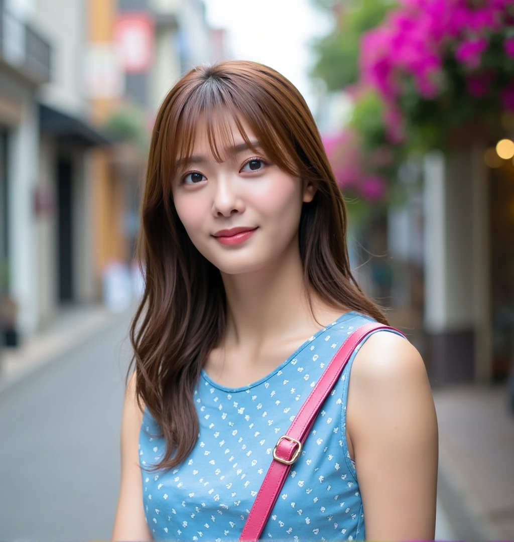 The image is a portrait of a young woman with long brown hair and bangs. She is standing on a street with buildings and pink flowers in the background. The woman is wearing a blue sleeveless blouse with white polka dots and has a pink crossbody bag slung over her shoulder. She appears to be looking off to the side with a thoughtful expression on her face. The overall mood of the image is calm and contemplative.