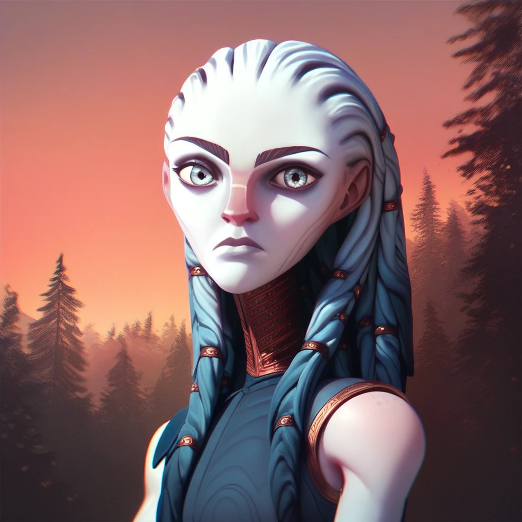 (score_9, score_8_up, score_7_up, score_6_up), gwyndala, 1girl, solo, looking at viewer, long hair, sleeveless, upper body, colored skin, expressionless, grey eyes, alien, forest, sunset, red sky