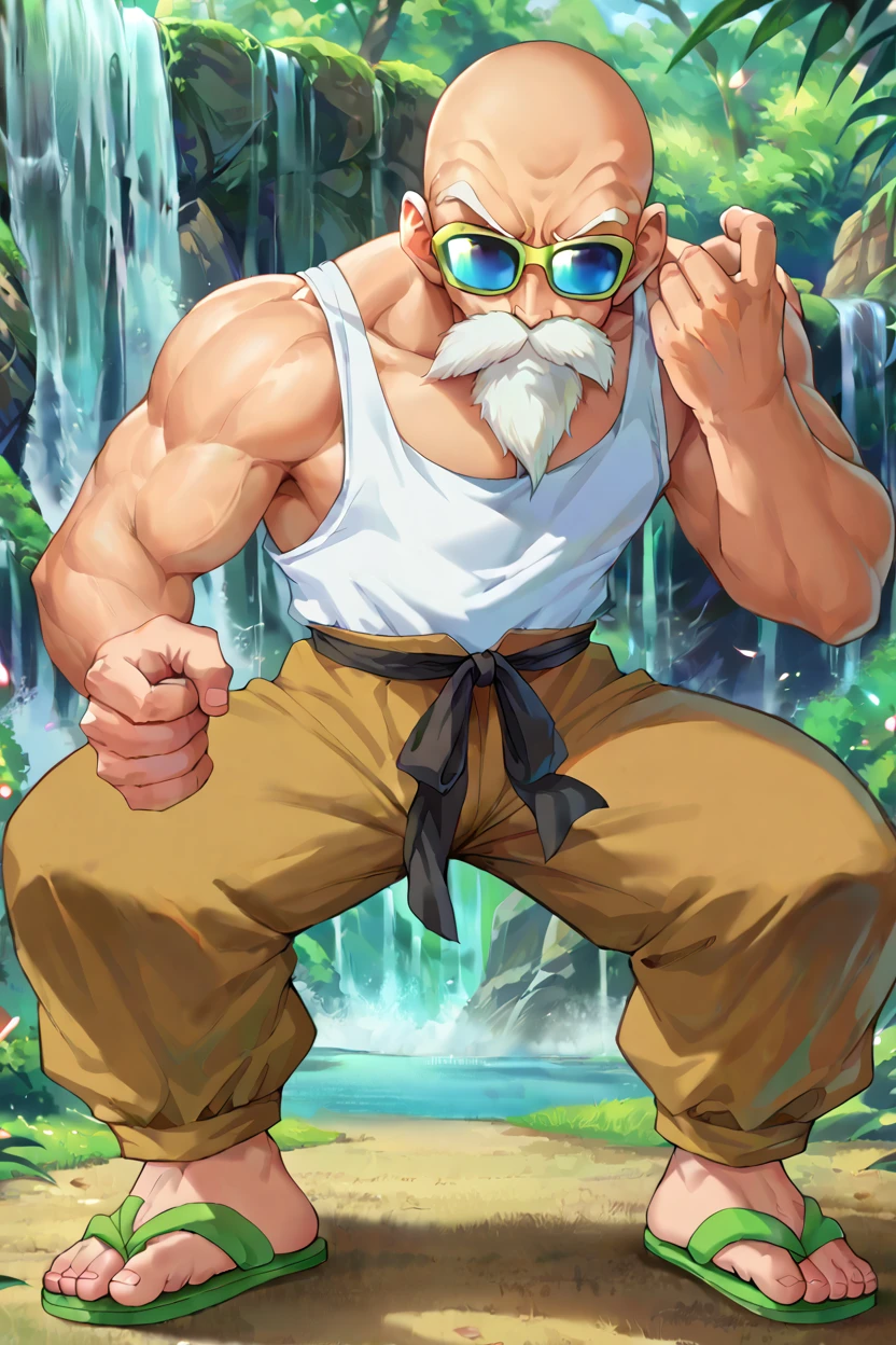 score_9,score_8_up, score_7_up, BREAK ict style, muscular male, old man, light brown pants, white tank top, green sandals, muten roushi,fighting stance, mustache, beard,white hair,sunglasses,yellow-framed eyewear,blue-tinted eyewear,bald, dark brown waist ribbon, looking at viewer, waterfall,east asian architecture,  <lora:RoshiPony:1>