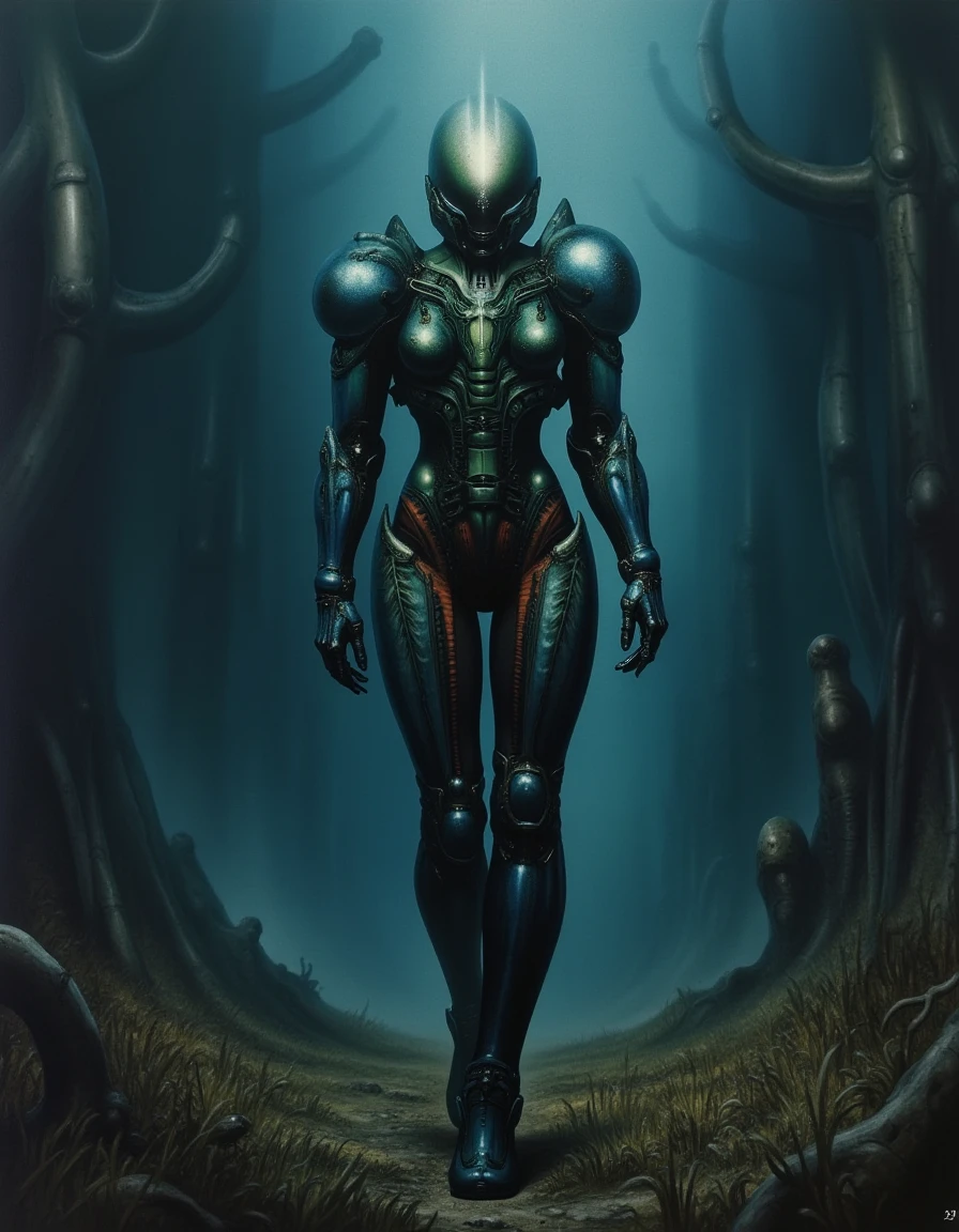 In a strikingly intricate painting, a lone figure stands at the forefront: Samus Aran, renowned bounty hunter, clad in a meticulously designed suit of biomechanical power armor. The armor gleams with an iridescent sheen, reflecting the surrounding darkness with a subtle play of colors—deep cobalt, vibrant emerald, and hints of crimson. Every contour of the armor showcases H.R. Giger's signature, eerie aesthetic, with organic forms and mechanical elements seamlessly fused. 

The background is a haunting landscape of twisted, skeletal structures reminiscent of alien architecture, shrouded in a thick, velvety fog that obscures the horizon. Dark shadows linger in the crevices, creating an unsettling tension as if the environment itself is alive and watching. 

Samus's visor emits a faint, pulsating light, casting an otherworldly glow, enhancing the tension in the air. The atmosphere is thick with anticipation, and each blade of grass underfoot quivers slightly, as if caught in an unseen breeze. Her stance is poised and ready for action, reflecting a fierce determination that echoes throughout the scene. Subtle details, like the faint hum of machinery and the distant echo of her footsteps, create an immersive auditory backdrop that draws the viewer deeper into this surreal realm.