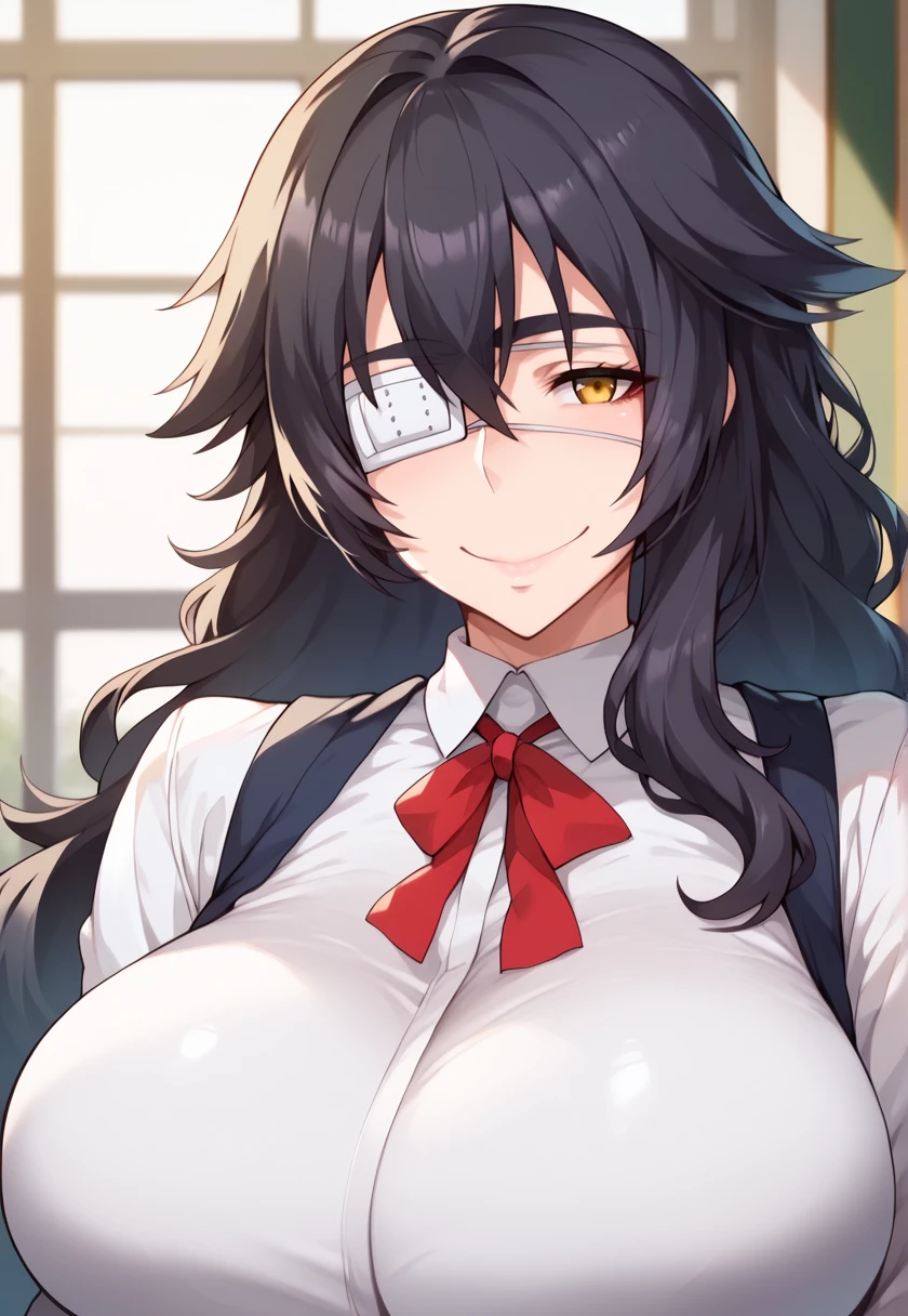 <lora:GakuenMarie-10:1> gakuenmarie, black hair, long hair, yellow eyes, huge breasts, school uniform, red ribbon, white shirt, suspenders,  long skirt, looking at viewer, smile, closed mouth, eyepatch, 16k, masterpiece, absurdes, highly detailed, highres, high quality, best quality, score_9, score_8_up, score_7_up, score_6_up, shiny, shiny skin, shiny hair, looking at viewer, portrait, upper body, close-up,