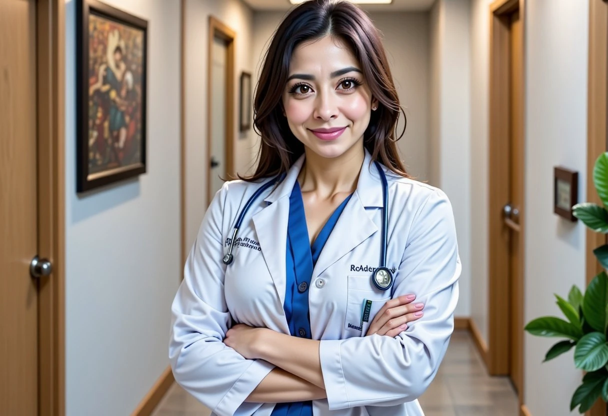 Hispanic, d cup, 37 year old Hispanic woman, d cup breasts, doctor lab coat over stylish dress, black heels, full body visible, looking at viewer with a slight smile, dark brown eyes, arms folded, standing in a upscale doctor's office, pretty