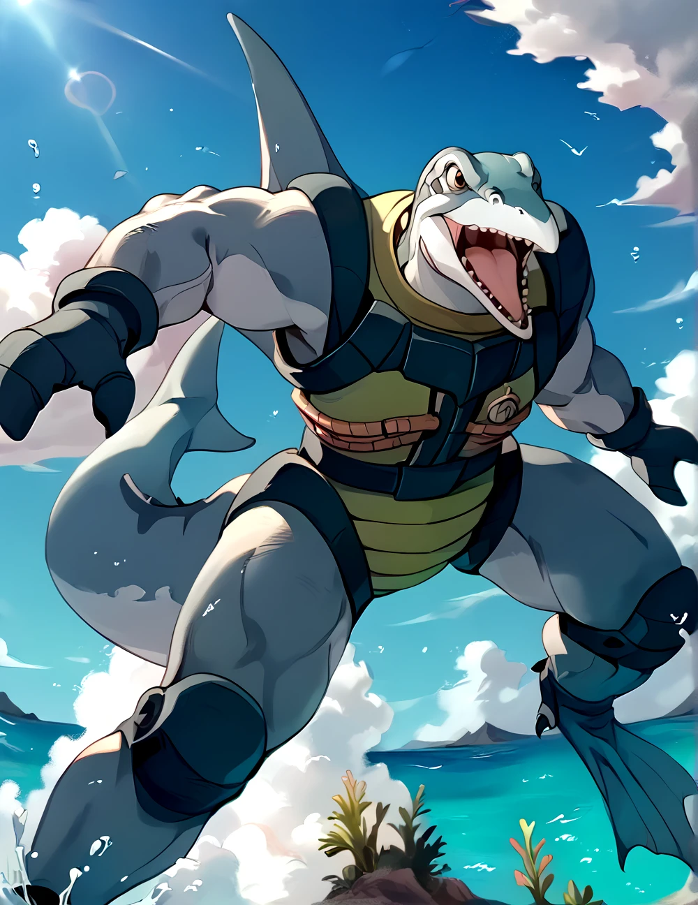 score_9, score_8_up, score_7_up,
<lora:Ichy_(Dinosaucers)_(Pony)_(AD):1> Ichy, Dinosaucers, dinosaur, muscular, back fin, ichthyosaurus, armor, swim fins,
8K, In'ei, chiaroscuro, depth of field, side lighting, clear_eyes,
perfect hands, perfect proportions, peak physical perfection, perfect male physique, impressive physique,
dynamic action pose, detailed anime background, detailed photographic fluffy anime clouds, masterclass anime, alluring gaze, dynamic lighting, photographic realism, underwater scene, grey skin, chest armor, teal armor,
BREAK zPDXL, ponyxl,