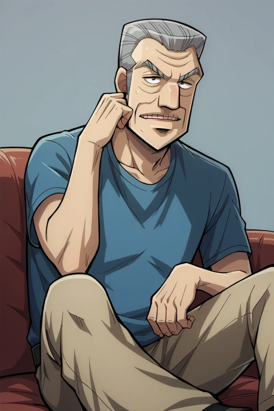 (detailed eyes:0.7),from front,rateing_safe,,score_9, score_8_up, score_7_up, socre_cartoon,1boy,solo old, old man,tonegawaxx,grey hair,blue shirt,leather shose,sitting on sofa,leg spread,simple background