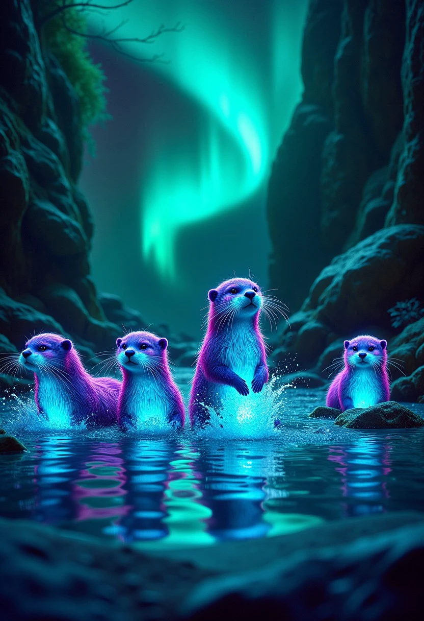 EnchantedAurora, a small group of glowing otters play in a stream, their fur shimmering with vibrant aurora light as they splash in the enchanted waters.