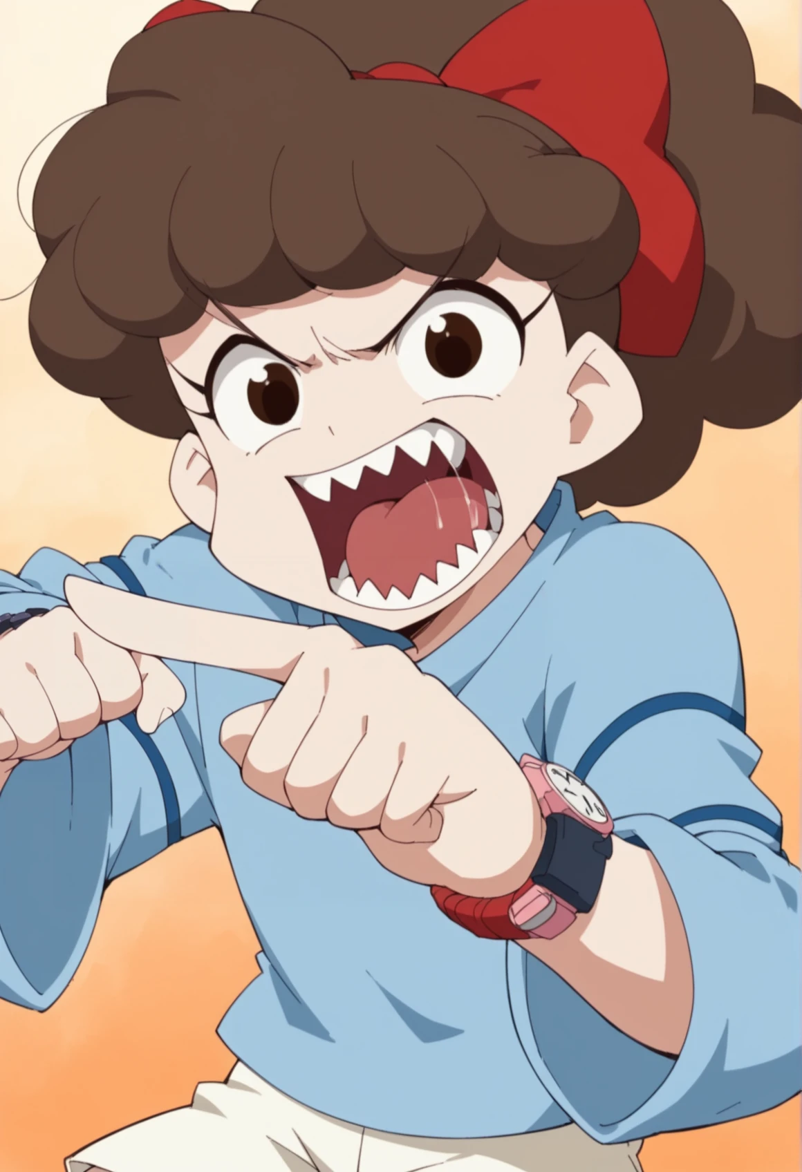 1girl, solo, long hair, brown hair, black eyes, curly hair, ribbon, blue shirt, long sleeves, wristwatch, shorts, thighhighs, ponytail, angry, pointing at viewer, open mouth, sharp teeth, saliva <lora:Suzie:1>, score_9, score_8_up, score_7_up, score_6_up, score_5_up, score_4_up, BREAK source_anime, masterpiece