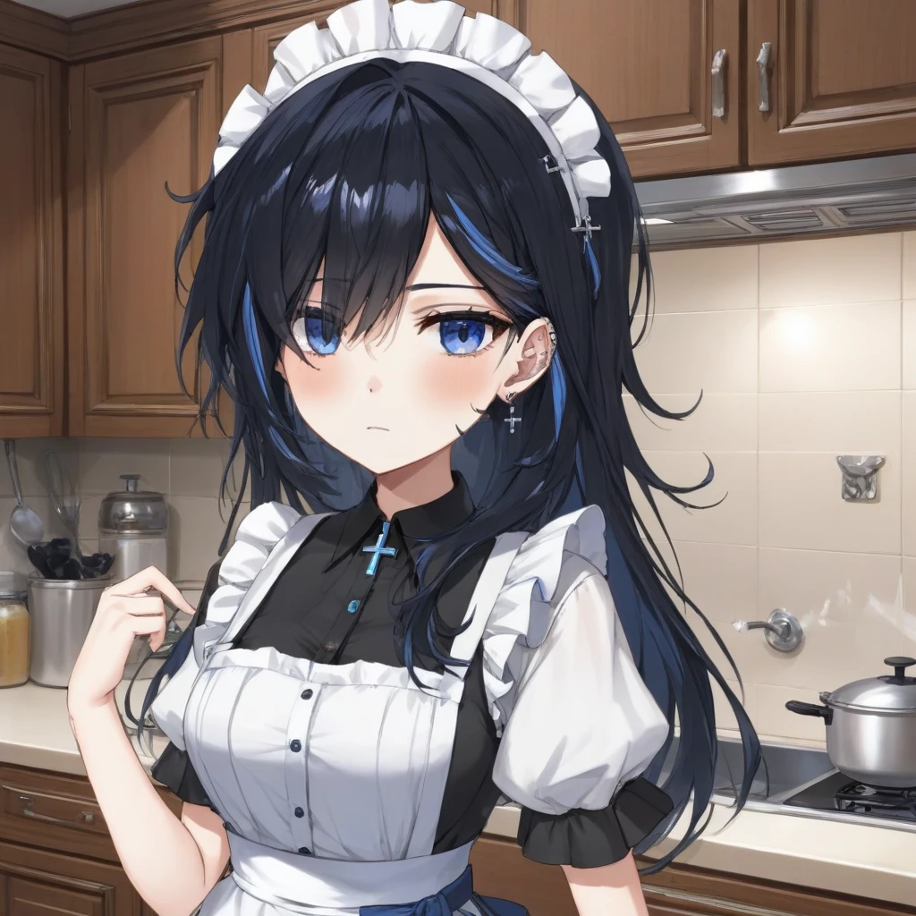 yuu, bangs, closed mouth, cross earrings, ear piercing, earrings, hair covering one eye, jewelry, messy black hair, piercing, solo, blue streaked hair, hair over shoulder, two-tone hair, breasts, best quality,
indoors, maid outfit, kitchen, blush, 
 <lora:YUU-XL-t6-000001:0.6>