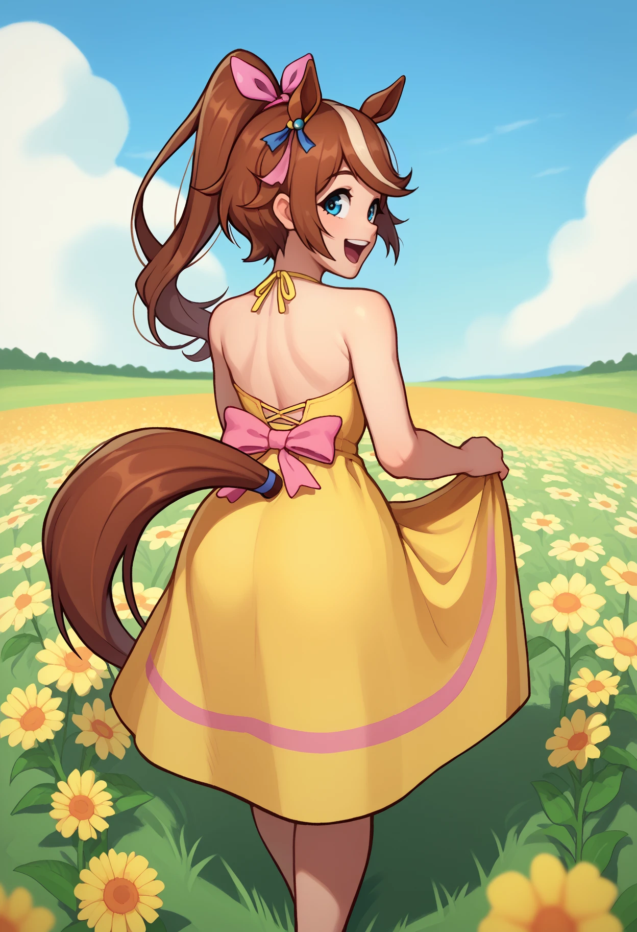 score_9, score_7_up, <break> from behind, solo, 1girl, tokaidef, horse tail, happy, open mouth, looking back, long hair, hair flaps, high ponytail, hair ribbon, pink ribbon, animal ears, yellow sundress, bare shoulders, outdoors, flower field
<segment:yolo-face_yolov8m.pt,0.4,0.5//cid=1>