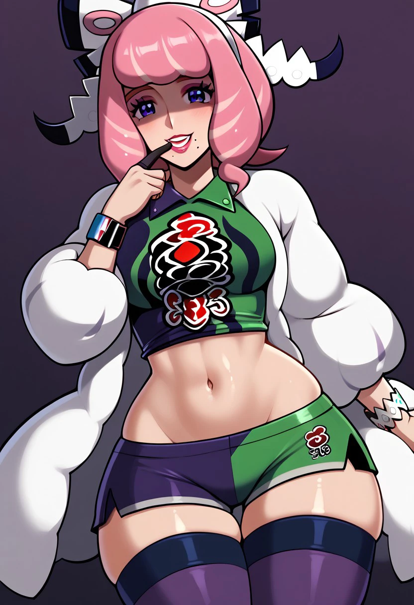 score_9, score_8_up, score_7_up, deep skin, shiny skin, skindentation, source_anime, high quality, highres, (curvy), ((wide hips)),, thick thighs, cute, , sexy, medium breasts, klara_pokemonswsh, pink hair, mole under mouth, purple shirt, purple sport shorts, collared shirt, two-tone shirt, purple stockings, purple eyes, purple eyeshadow, pink lipstick, white coat, printed shirt, hair bow, white headband, smile