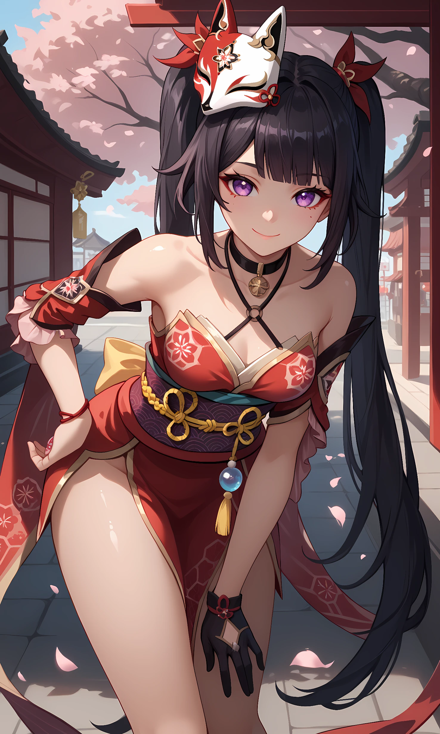 score_9, score_8_up, score_7_up, BREAK source_anime, 1girl, solo, outdoors, street, cherry blossoms, cowboy shot, standing, looking at viewer, shiny skin,spkl, purple eyes, black hair, long hair, twintails, red ribbon, fox mask, mask on head, choker, off shoulder kimono, detached sleeves, obi, black glove, single glove, criss-cross halter, thigh strap, wristband, red dress, cross-laced sandals, leaning forward, smile, closed mouth