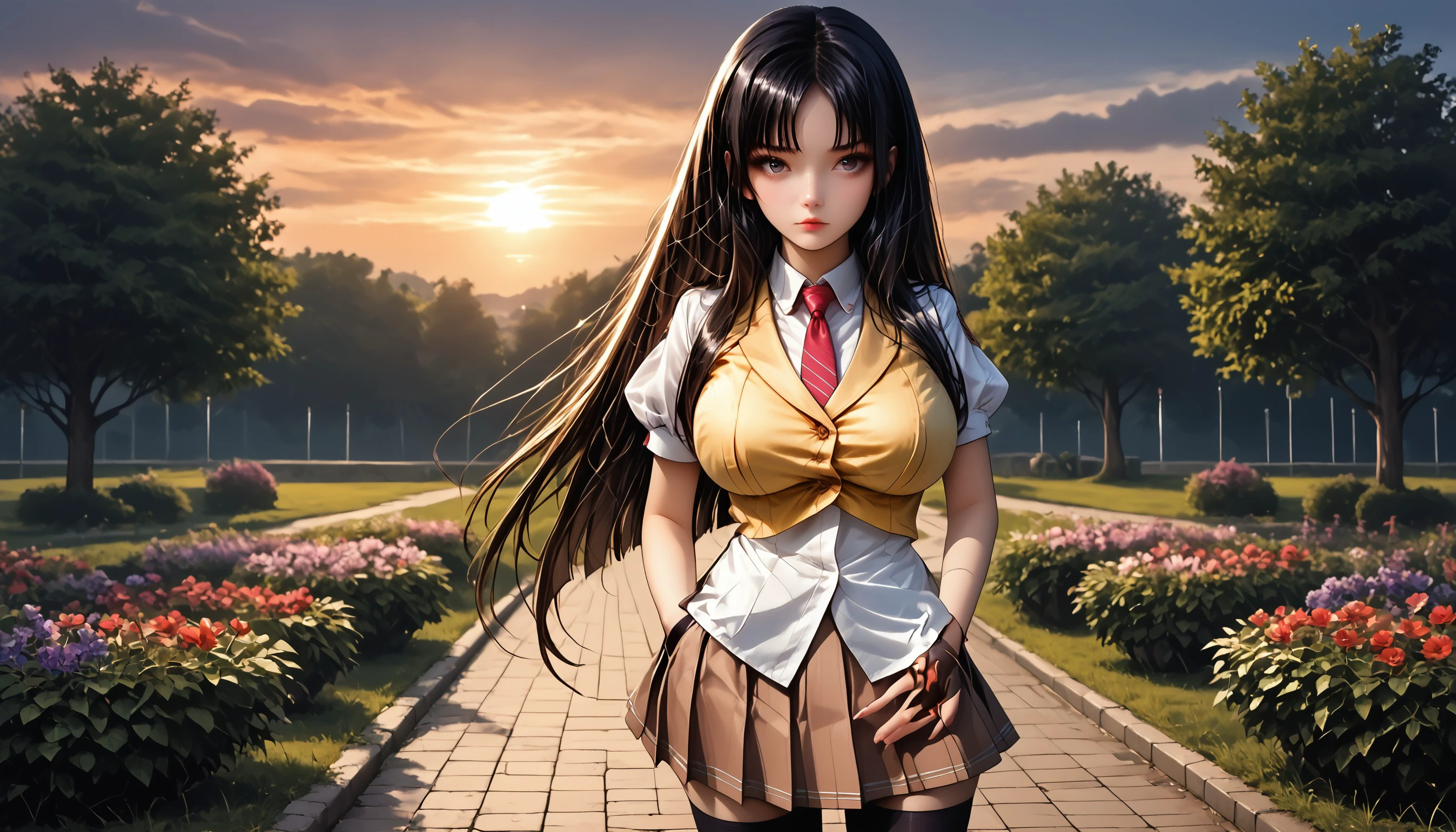 Score_PnyReal,BREAK,1girl, solo,(huge breasts,large breasts:1.2),long eyelashes, detailed hands, detailed fingers, holding a book, 3nah1me, 1girl, solo, thighhighs, long hair, black hair, skirt, zettai ryouiki, necktie, school uniform, Within a shimmering sanctuary, a garden of dreams materializes, its iridescent blooms and shimmering petals a vision of pure fantasy, spill light, sunrise/sunset, Bend, Science Fiction (dark matter:1.25),black theme, dark background,hands in pockets,(zPDXL2:1.5), , <lora:e70bd788-b3b8-423c-a607-07afe99d664f:1.0>, <lora:584554b1-5638-4ae3-a13c-f32e986cc10d:0.7>