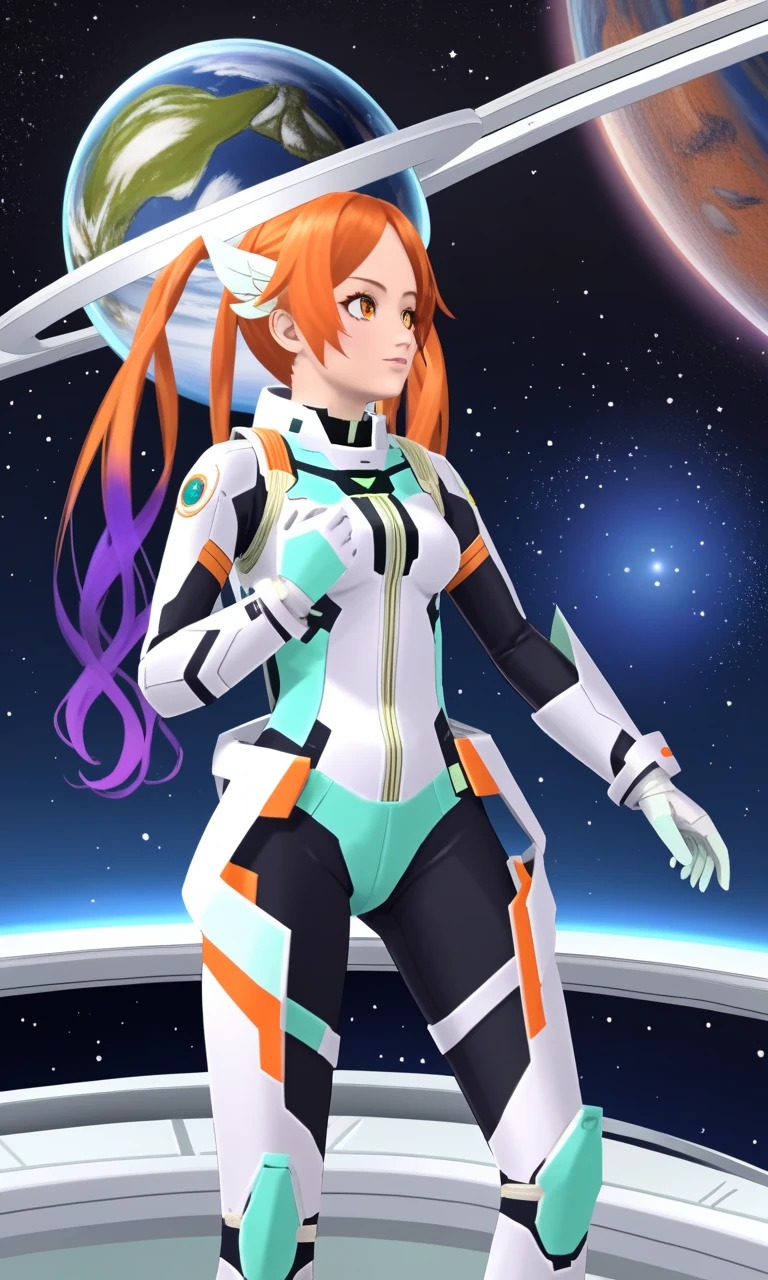 1girl, cosmos, stars, planet, black sky, void, space suit, quna_idol, orange hair, gradient hair, long hair, twintails, 